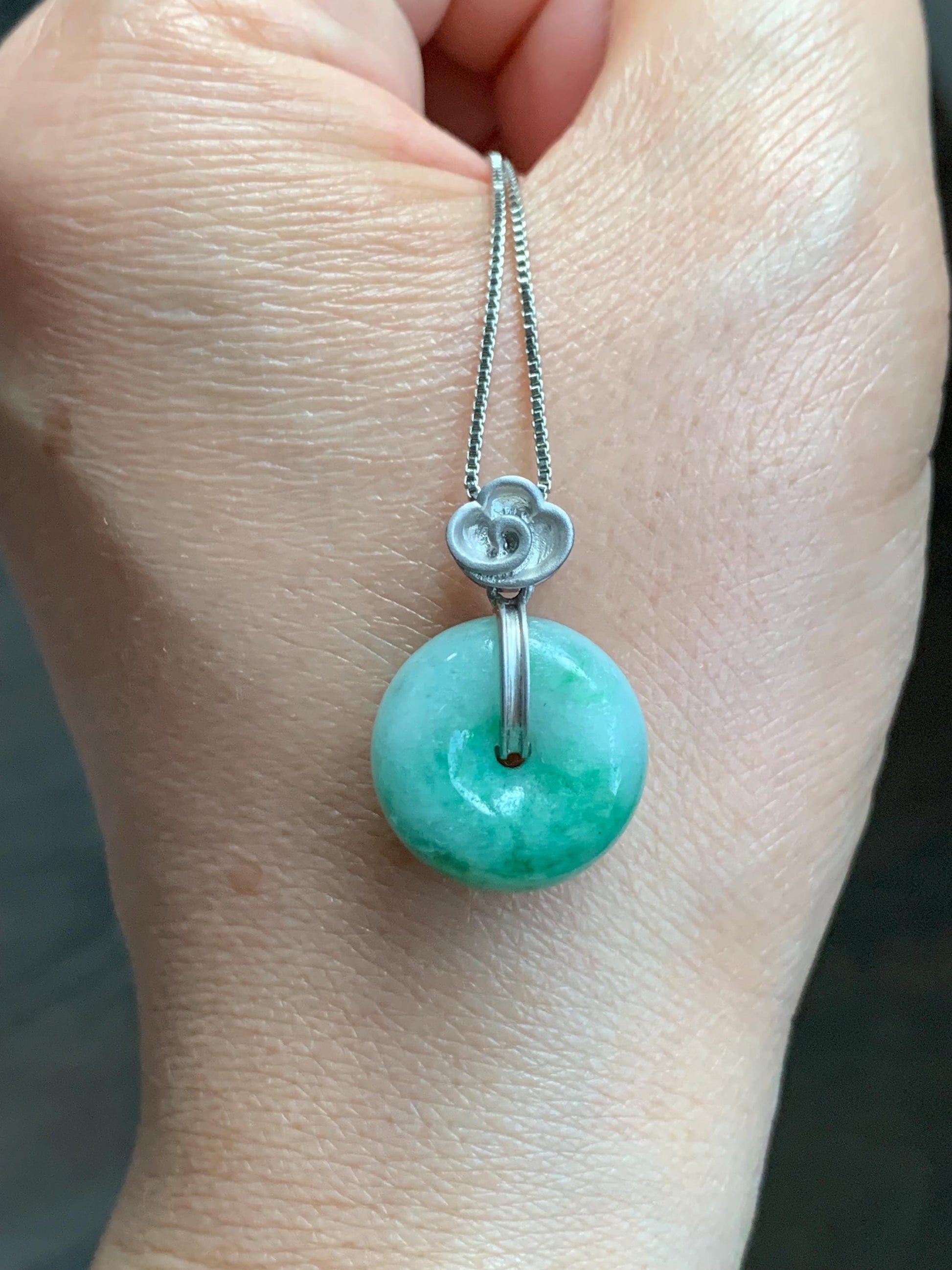 Certified Natural Burmese Translucent Green Marbled Jadeite Thick Ping An Kou Donut Pendant Custom Sterling Silver Bail 天然缅甸飘花翡翠肥扣平安扣吊坠 1669