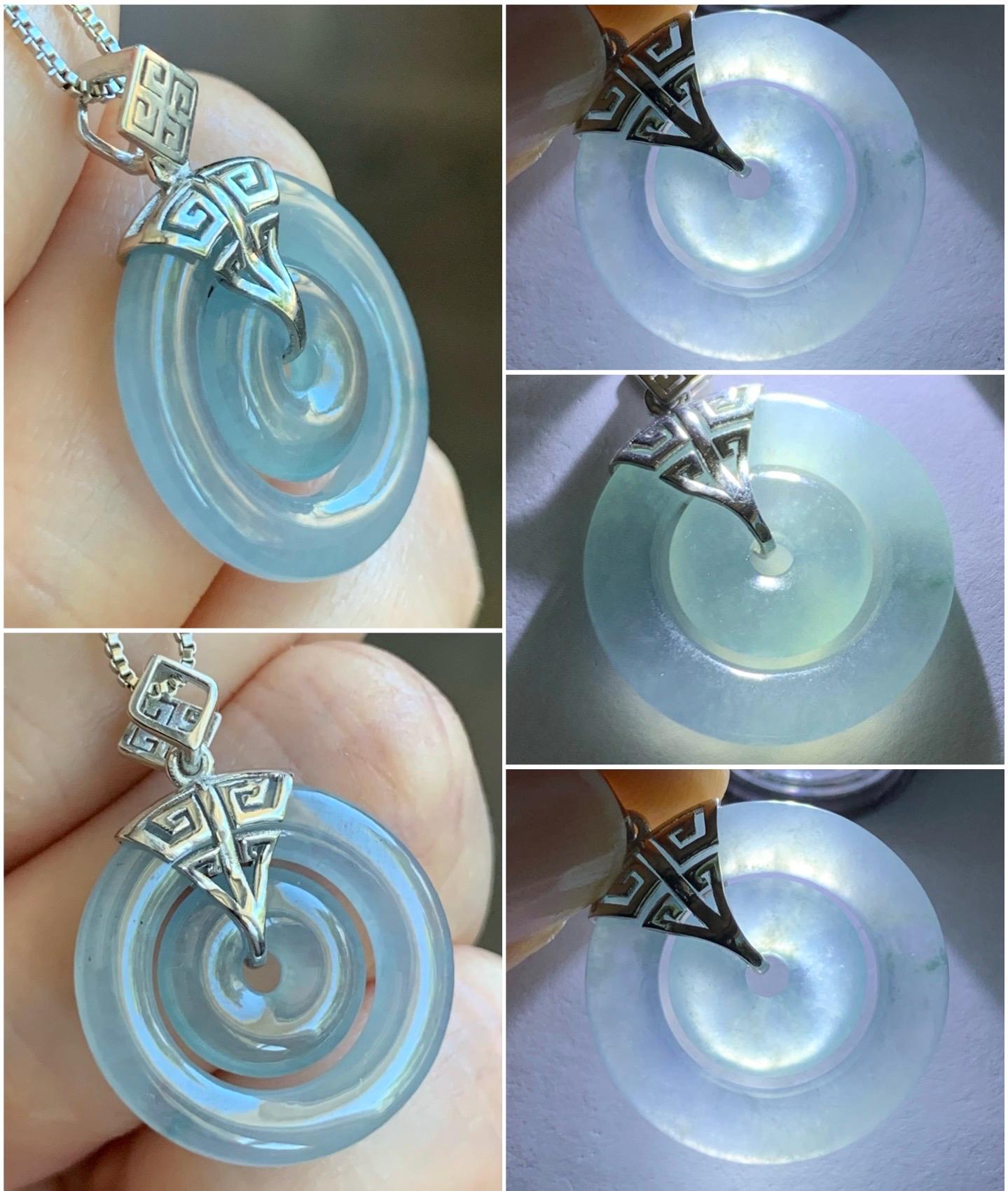 Certified Natural Guatemalan Icy Highly Translucent Light Blue Jadeite Mother-Child Ping An Kou Pendant Sterling Silver 天然冰危淡蓝紫翡翠子母扣吊坠 8637