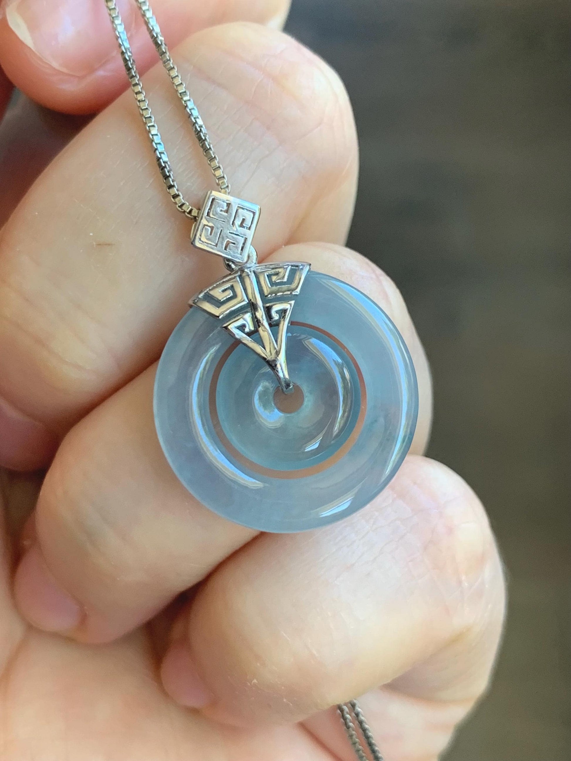 Certified Natural Guatemalan Icy Highly Translucent Light Blue Jadeite Mother-Child Ping An Kou Pendant Sterling Silver 天然冰危淡蓝紫翡翠子母扣吊坠 8637