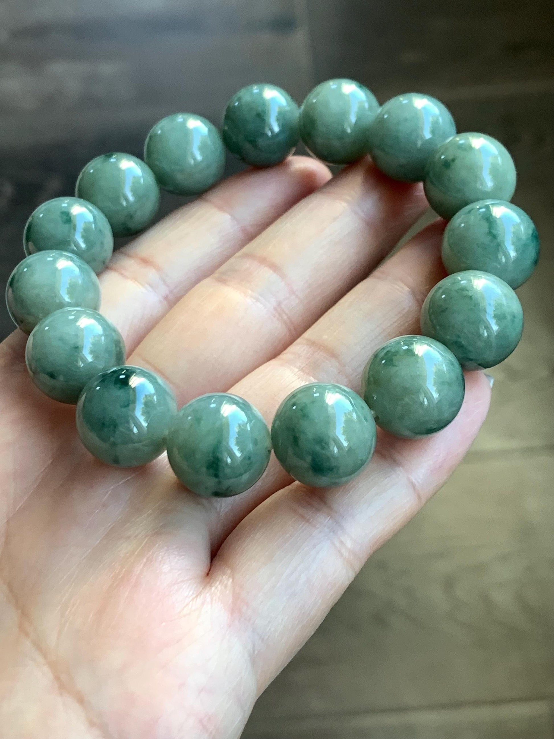 Natural Burmese Grade A Translucent Dark Green Marbled Jadeite Large Beads Beaded Bracelet 7.5” 13.8mm 69g Stretchy 天然缅甸大卡糯种深绿飘花翡翠手串 DLPH67
