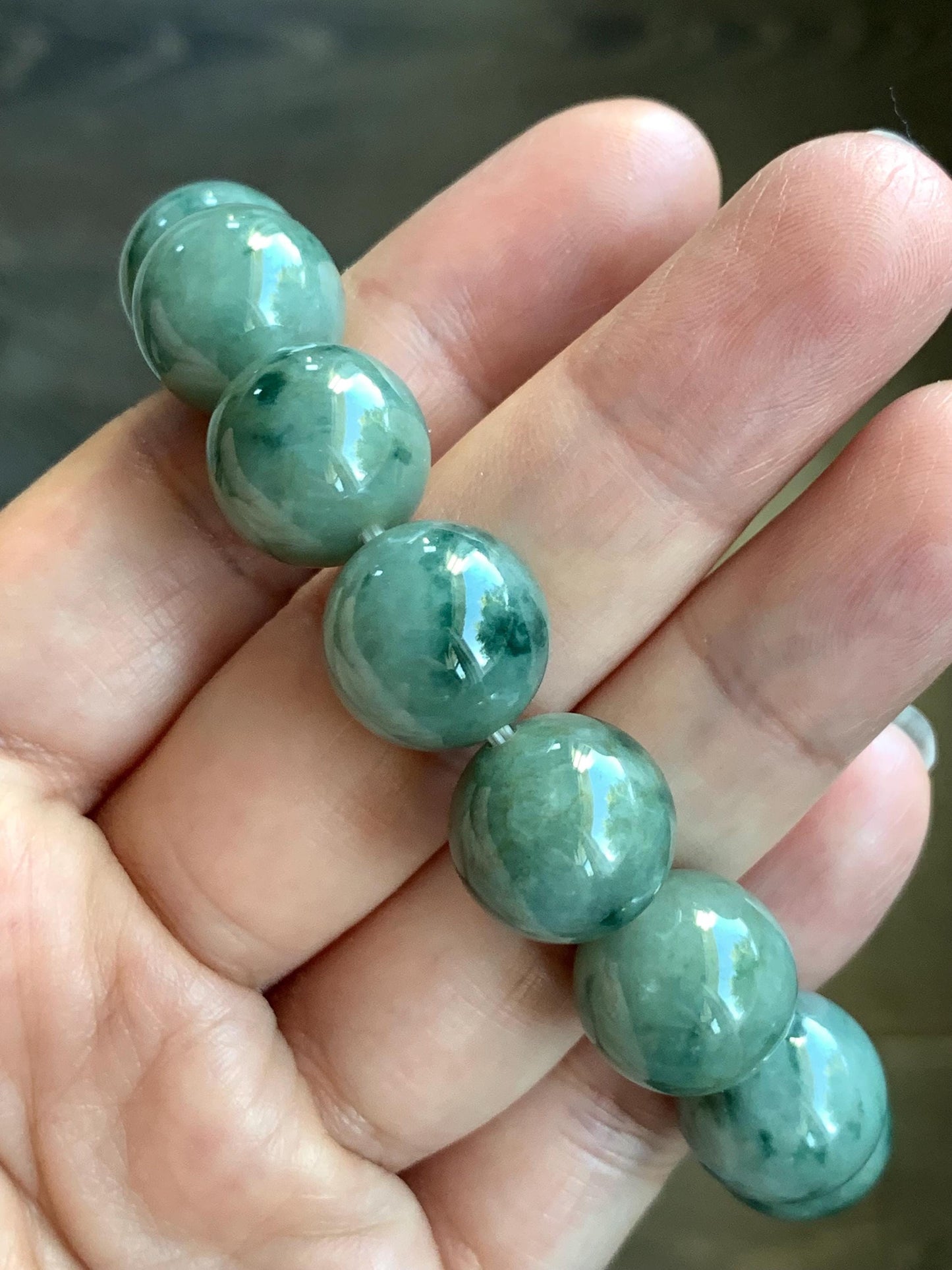 Natural Burmese Grade A Translucent Dark Green Marbled Jadeite Large Beads Beaded Bracelet 7.5” 13.8mm 69g Stretchy 天然缅甸大卡糯种深绿飘花翡翠手串 DLPH67