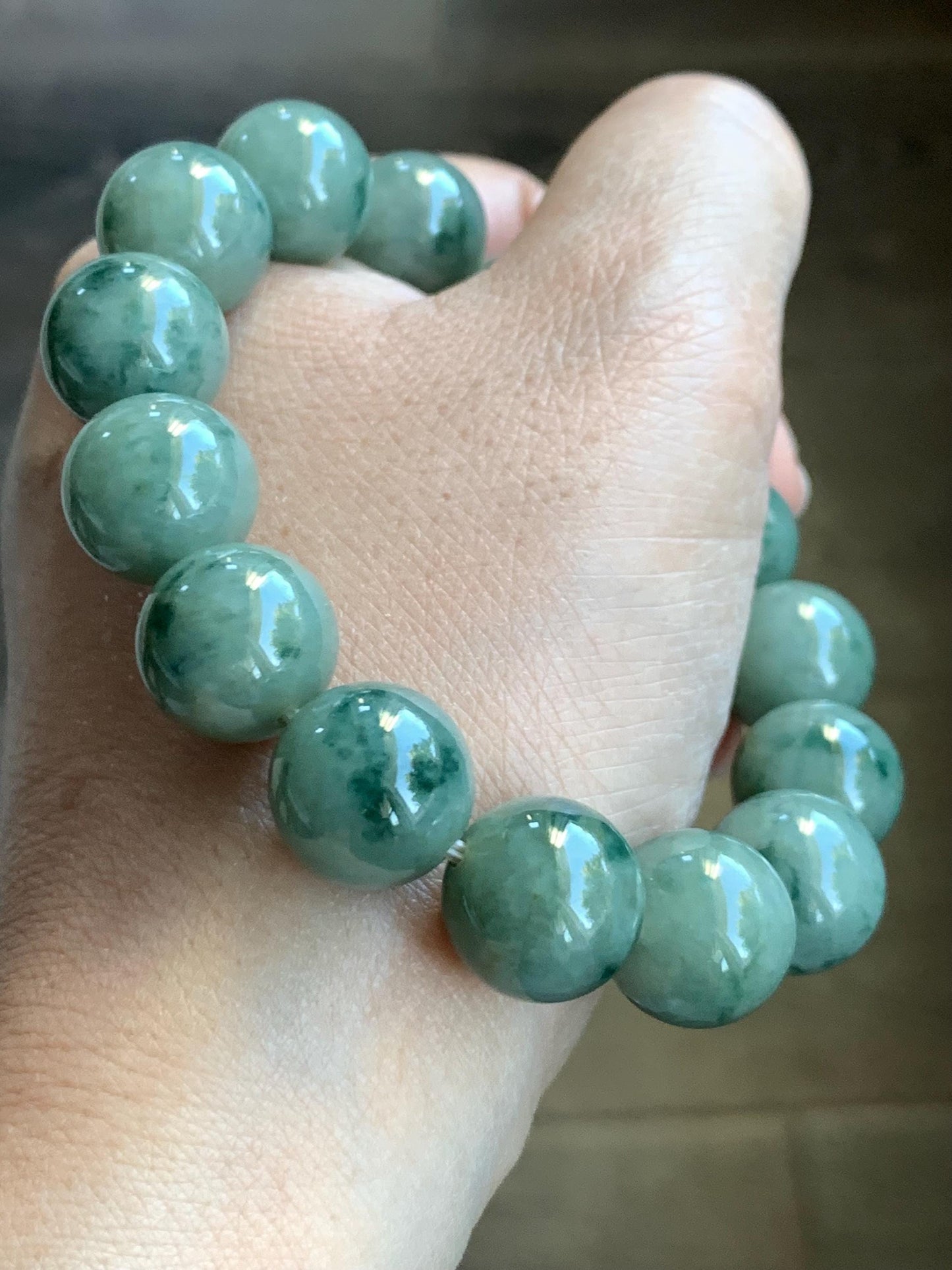 Natural Burmese Grade A Translucent Dark Green Marbled Jadeite Large Beads Beaded Bracelet 7.5” 13.8mm 69g Stretchy 天然缅甸大卡糯种深绿飘花翡翠手串 DLPH67