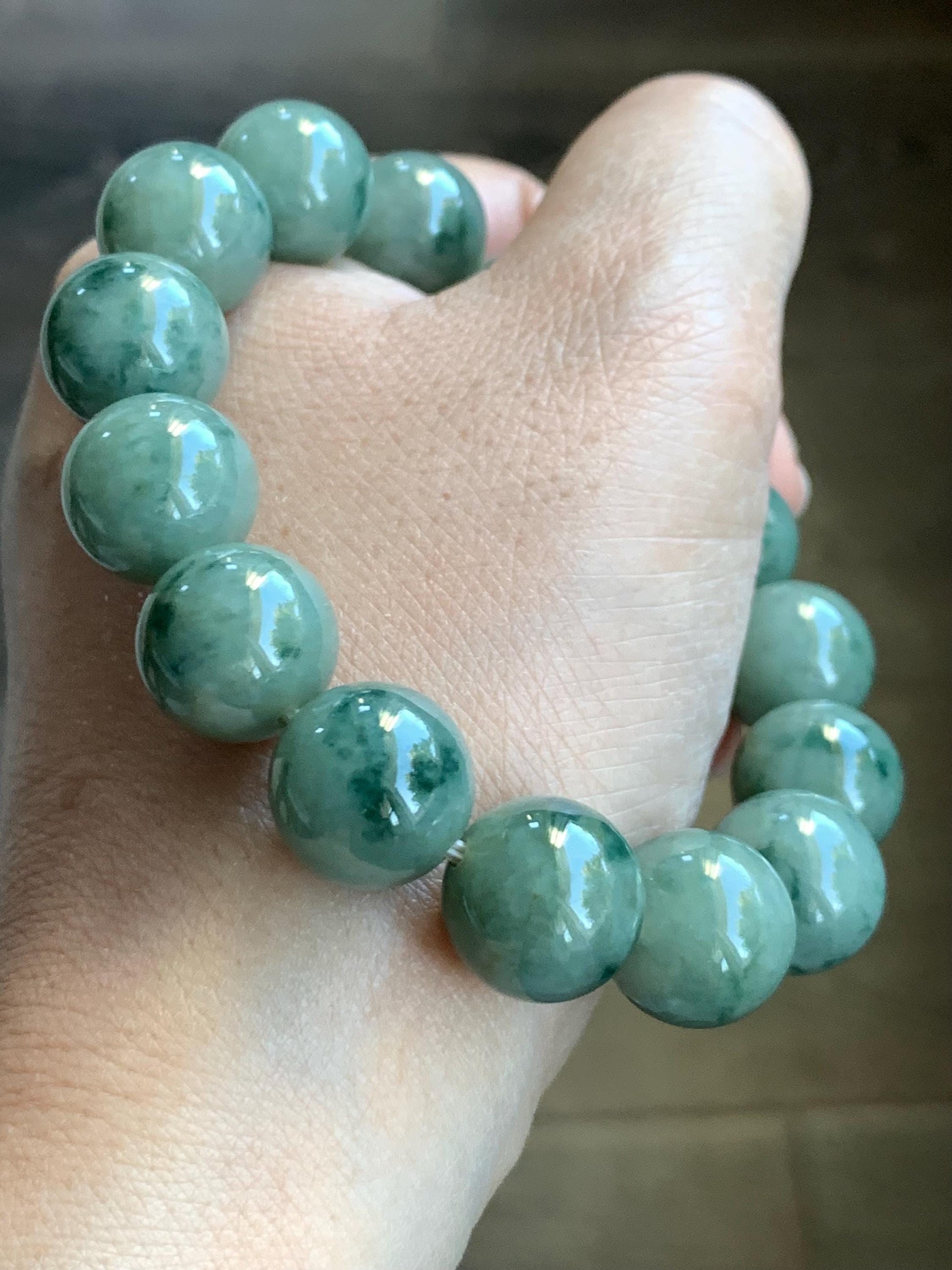 Natural Burmese Grade A Translucent Dark Green Marbled Jadeite Large Beads Beaded Bracelet 7.5” 13.8mm 69g Stretchy 天然缅甸大卡糯种深绿飘花翡翠手串 DLPH67