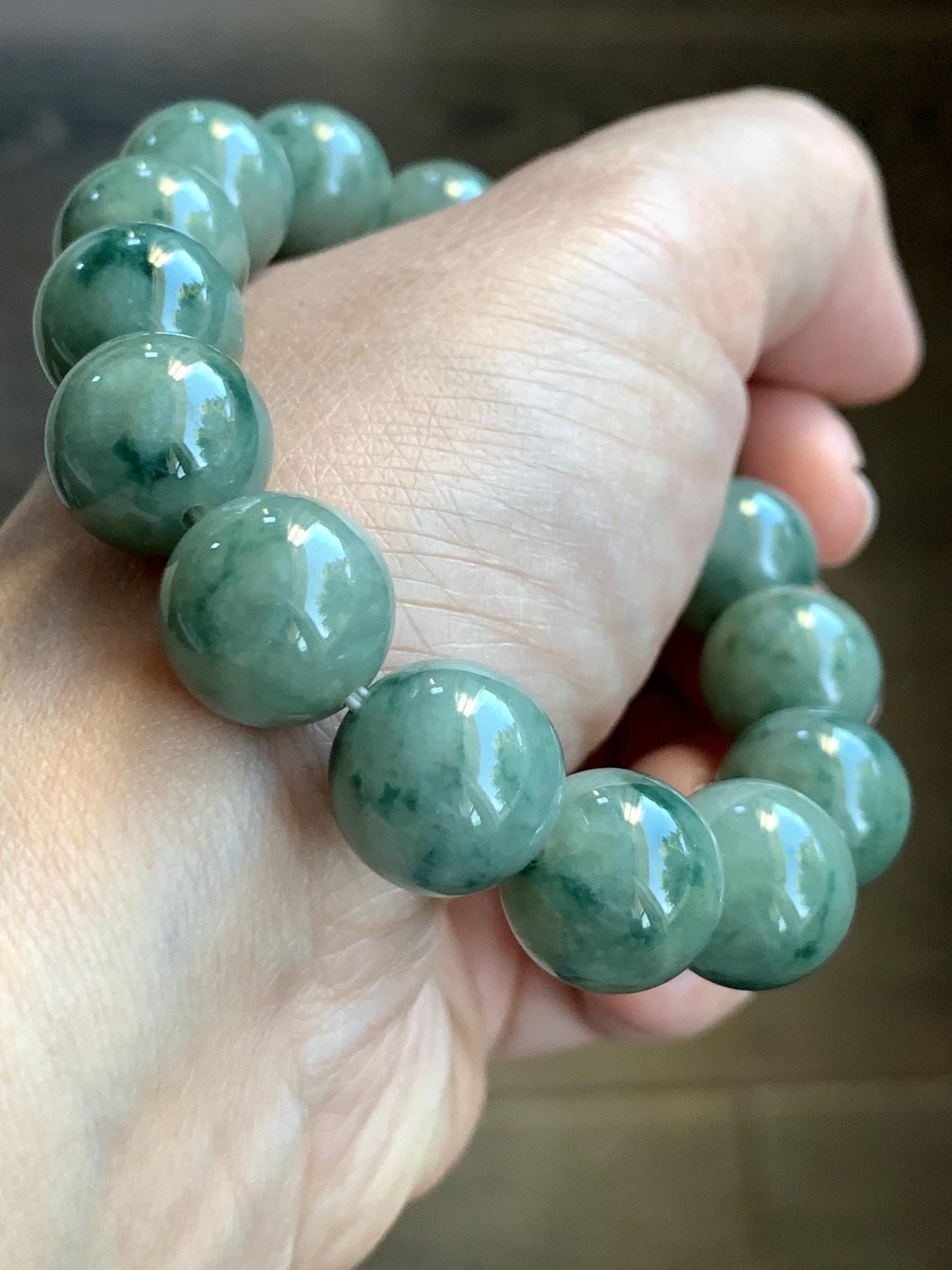 Natural Burmese Grade A Translucent Dark Green Marbled Jadeite Large Beads Beaded Bracelet 7.5” 13.8mm 69g Stretchy 天然缅甸大卡糯种深绿飘花翡翠手串 DLPH67
