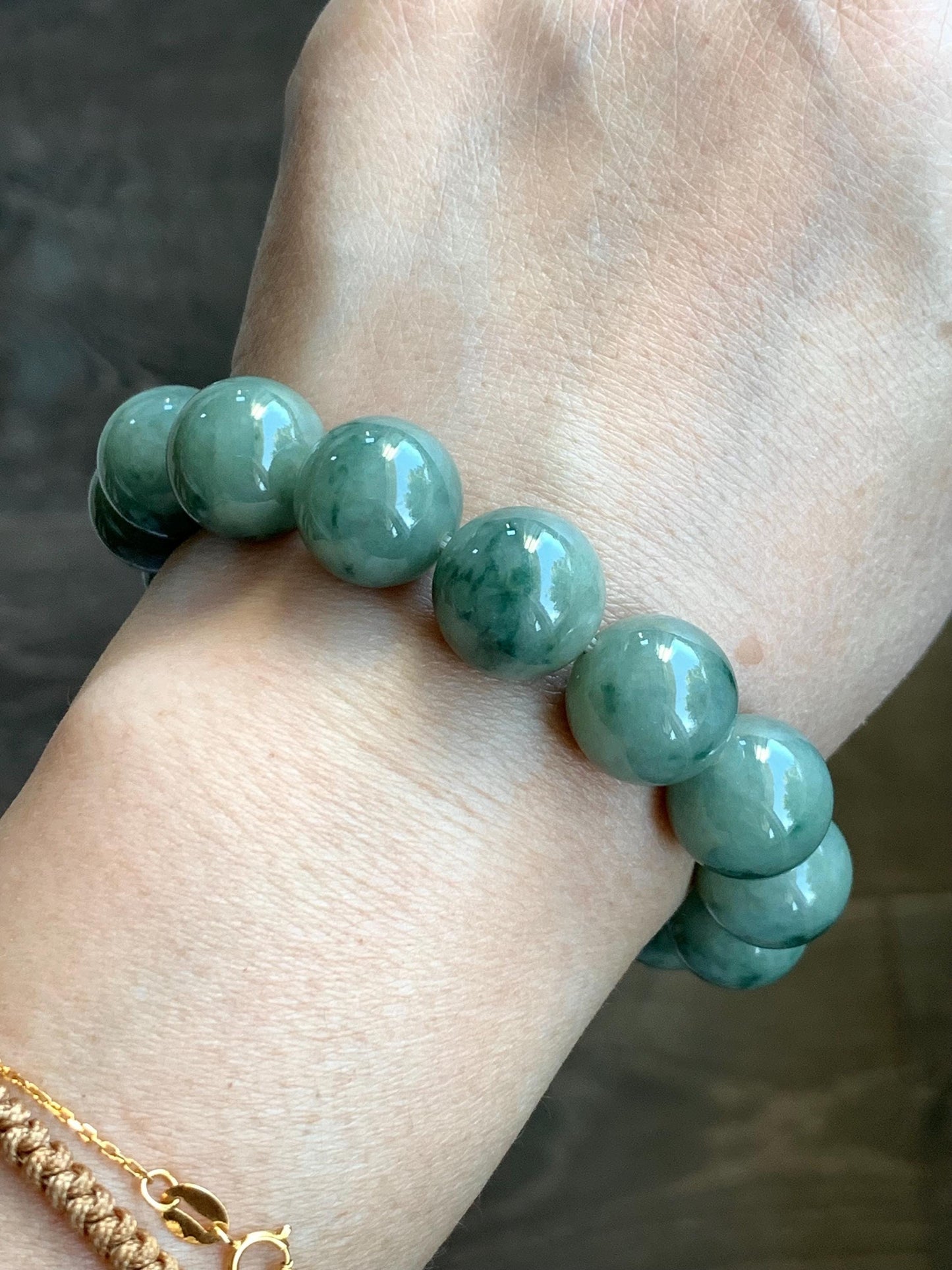 Natural Burmese Grade A Translucent Dark Green Marbled Jadeite Large Beads Beaded Bracelet 7.5” 13.8mm 69g Stretchy 天然缅甸大卡糯种深绿飘花翡翠手串 DLPH67