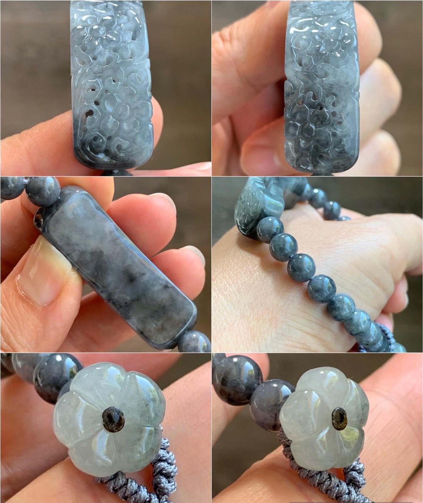 Natural Burmese Icy Translucent Wuji Jadeite Engraved Cuff &Wuji Jadeite Beads Beaded Bracelet 7” 27g 天然缅甸冰乌鸡翡翠仿古镂空雕手牌手串