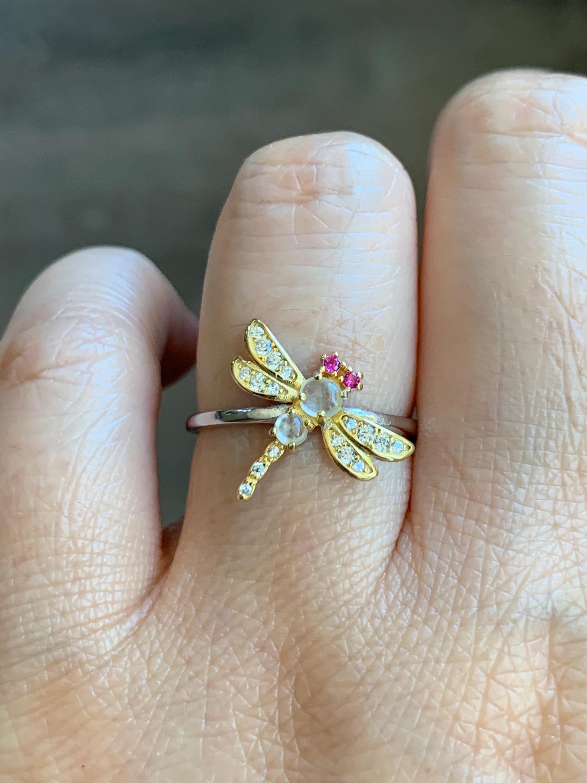 Natural Burmese Icy Highly Translucent White Jadeite Dragonfly Design Ring S925 Sterling Silver Sz 7 Adjustable 天然缅甸白冰翡翠蜻蜓银镶戒指 MQT60