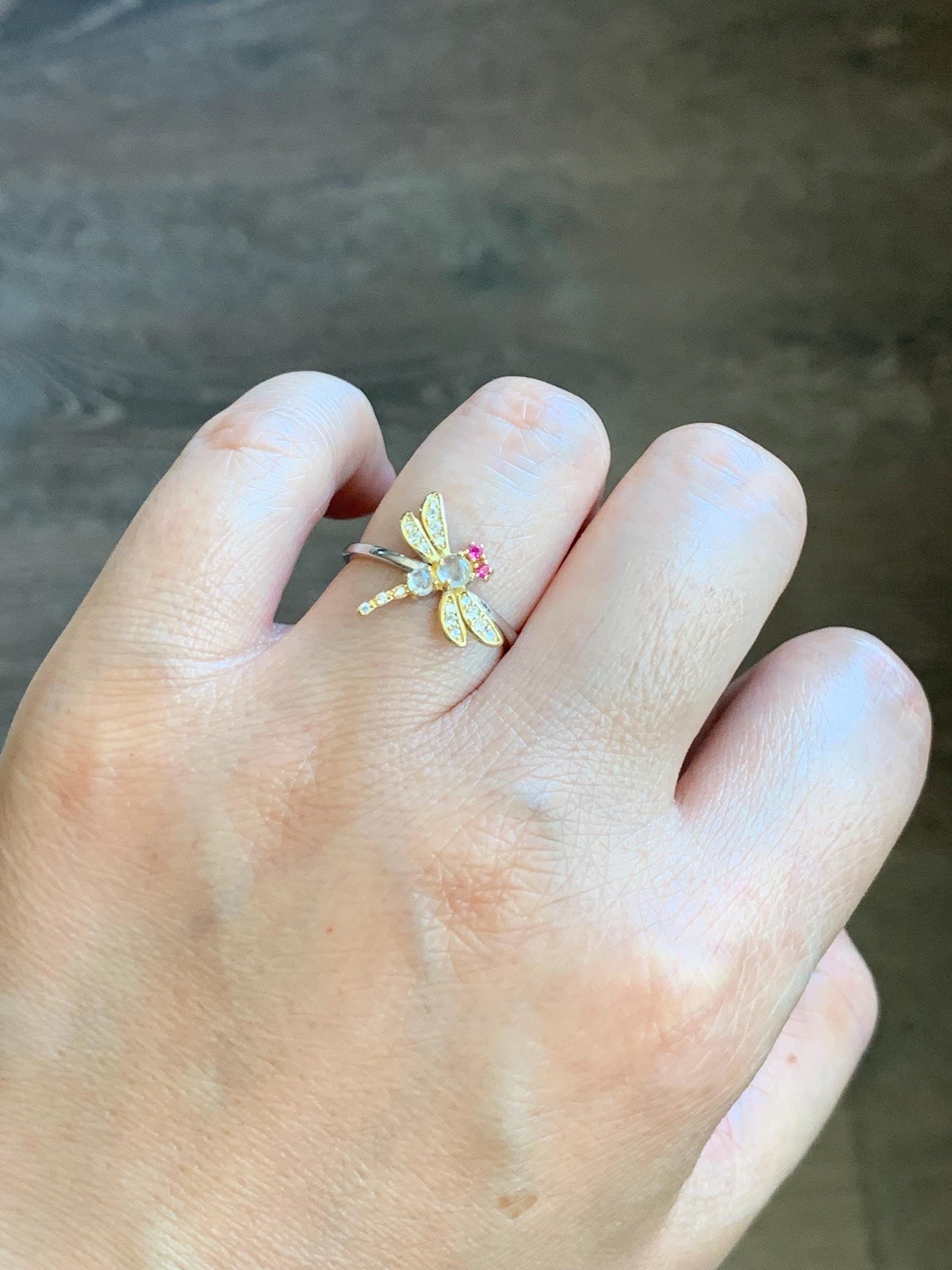 Natural Burmese Icy Highly Translucent White Jadeite Dragonfly Design Ring S925 Sterling Silver Sz 7 Adjustable 天然缅甸白冰翡翠蜻蜓银镶戒指 MQT60