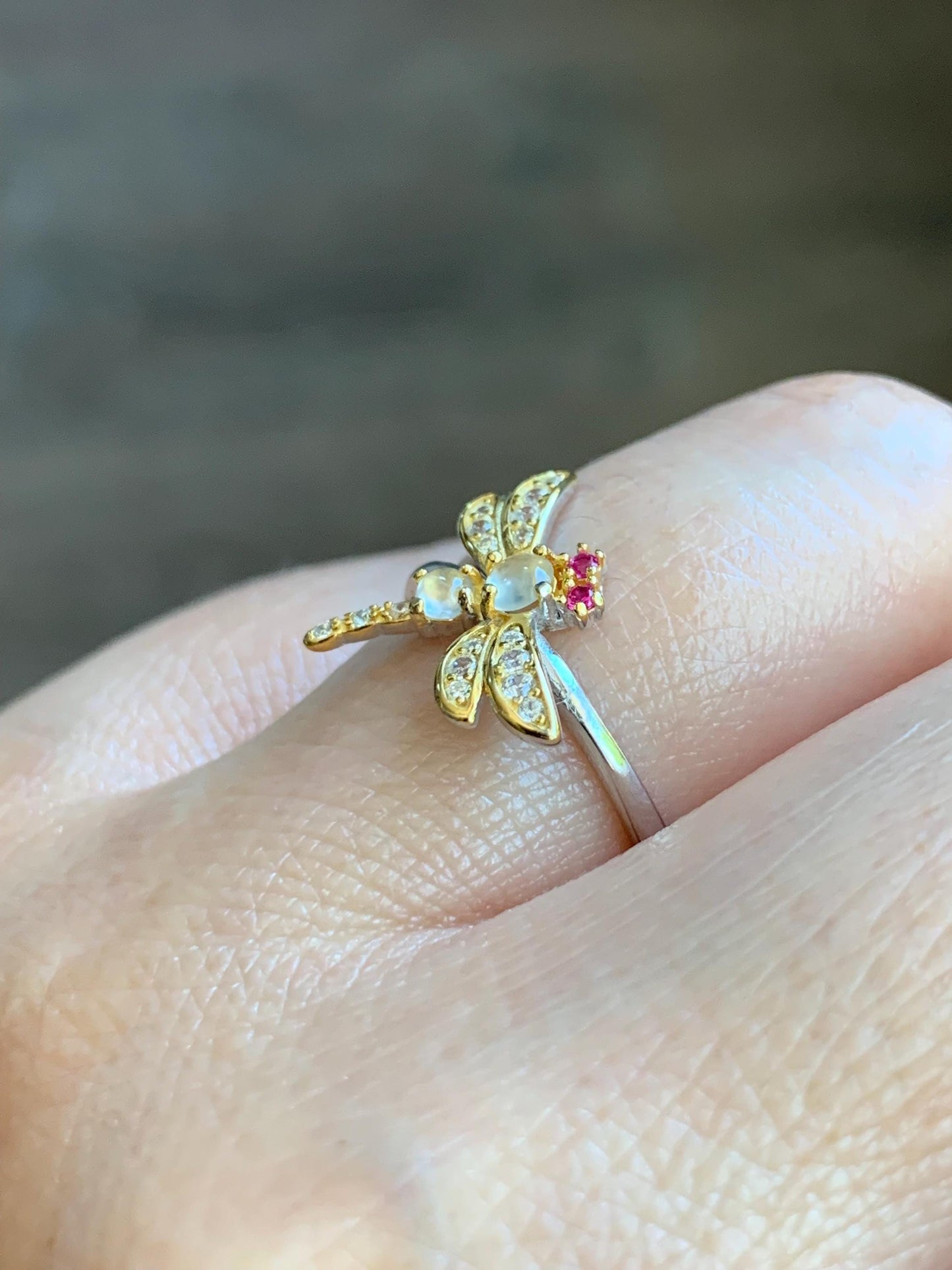 Natural Burmese Icy Highly Translucent White Jadeite Dragonfly Design Ring S925 Sterling Silver Sz 7 Adjustable 天然缅甸白冰翡翠蜻蜓银镶戒指 MQT60