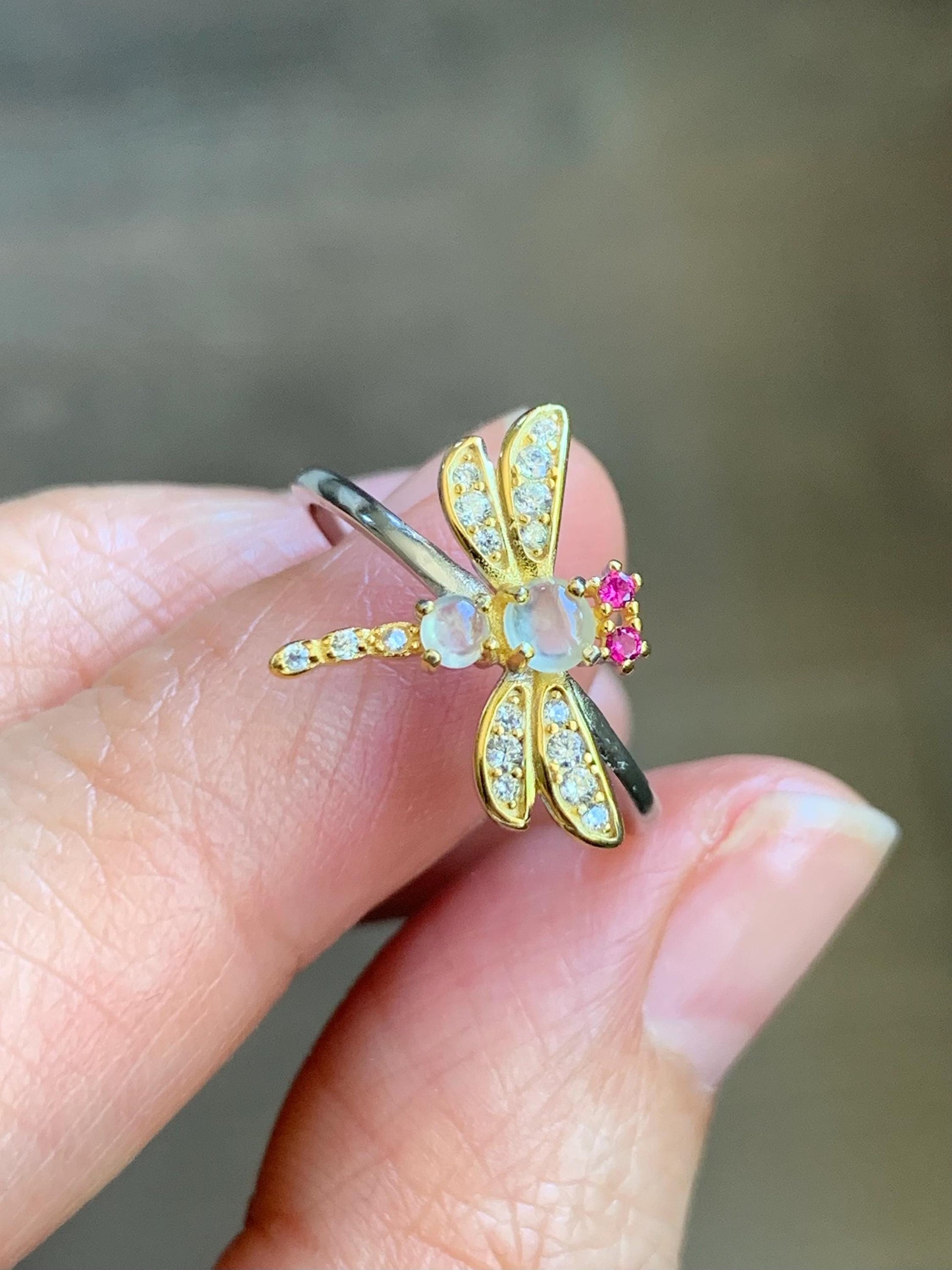 Natural Burmese Icy Highly Translucent White Jadeite Dragonfly Design Ring S925 Sterling Silver Sz 7 Adjustable 天然缅甸白冰翡翠蜻蜓银镶戒指 MQT60