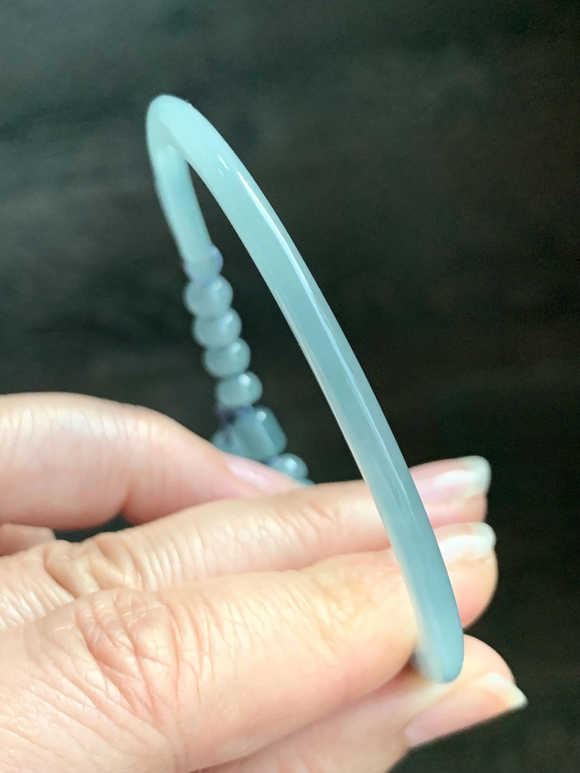 Natural Guatemalan Icy Highly Translucent Light Dusty Blue Jadeite Open Skinny Bangle Beaded Bracelet 56.7mm 7” 11g 天然冰危淡蓝翡翠开口镯手串 XTZ88