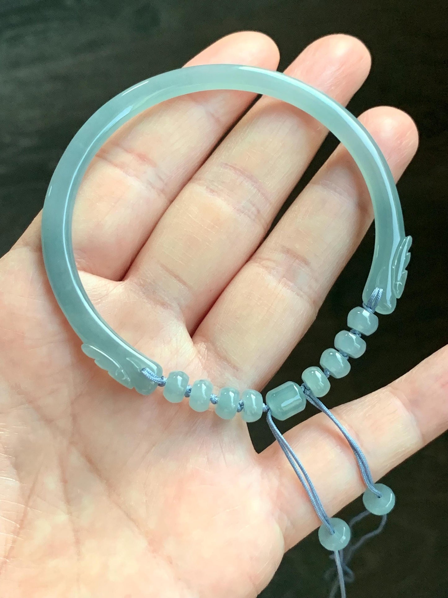 Natural Guatemalan Icy Highly Translucent Light Dusty Blue Jadeite Open Skinny Bangle Beaded Bracelet 56.7mm 7” 11g 天然冰危淡蓝翡翠开口镯手串 XTZ88