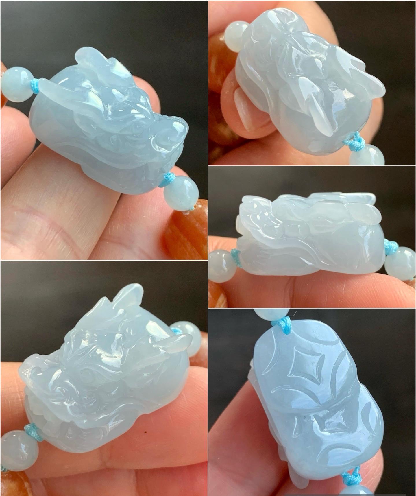 Natural Burmese Icy Translucent Gelatinous Light Blue Jadeite Dragon Head Fossilized Wood Beads Beaded Bracelet 12 mm 6.5” 天然缅甸冰淡蓝翡翠龙头琥珀木珠手串
