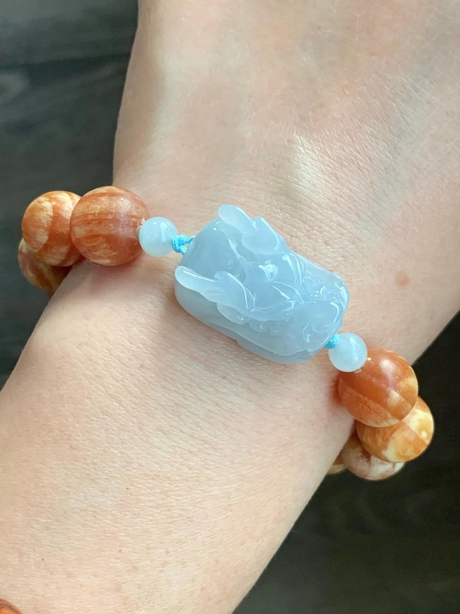 Natural Burmese Icy Translucent Gelatinous Light Blue Jadeite Dragon Head Fossilized Wood Beads Beaded Bracelet 12 mm 6.5” 天然缅甸冰淡蓝翡翠龙头琥珀木珠手串