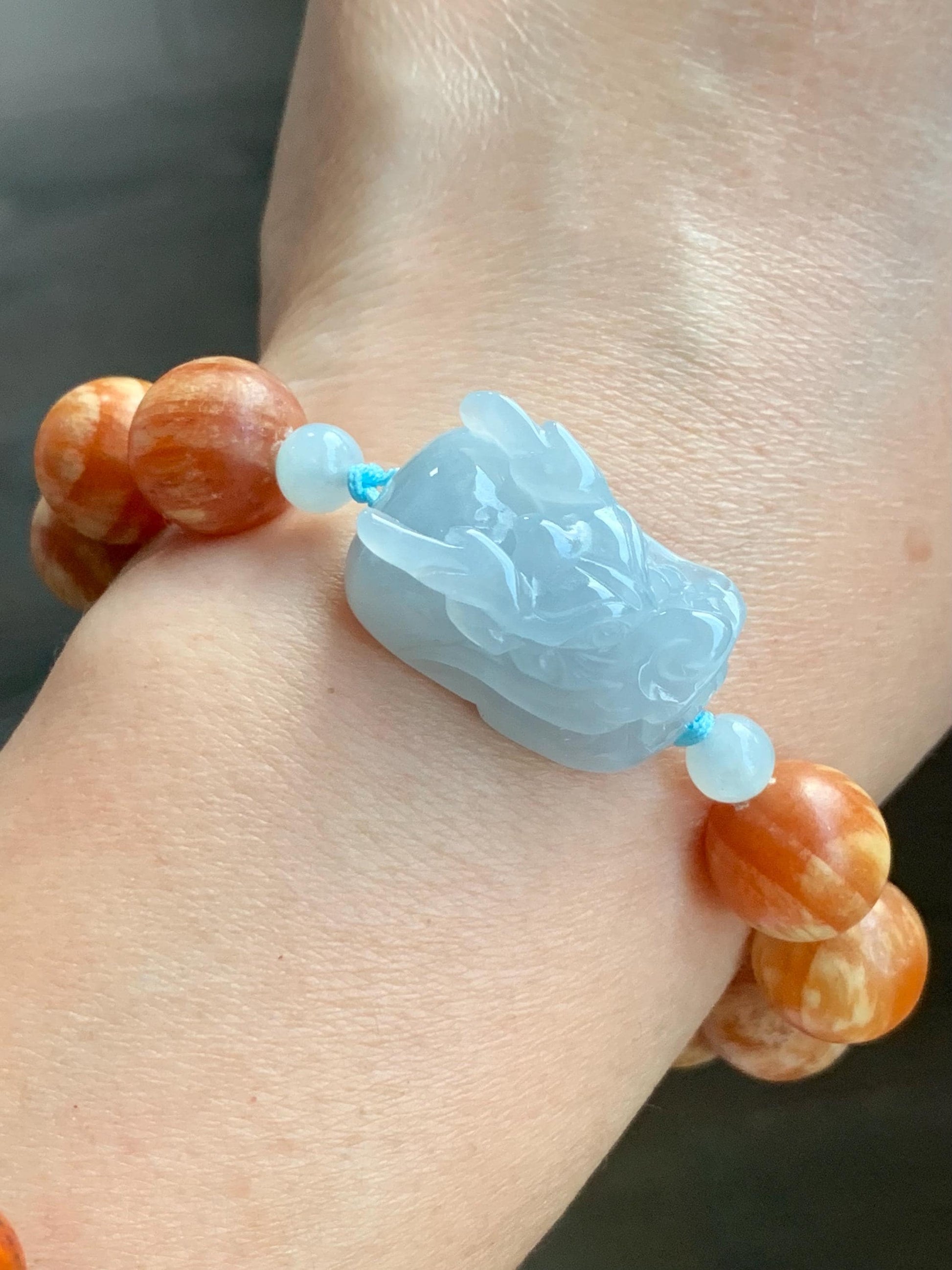 Natural Burmese Icy Translucent Gelatinous Light Blue Jadeite Dragon Head Fossilized Wood Beads Beaded Bracelet 12 mm 6.5” 天然缅甸冰淡蓝翡翠龙头琥珀木珠手串