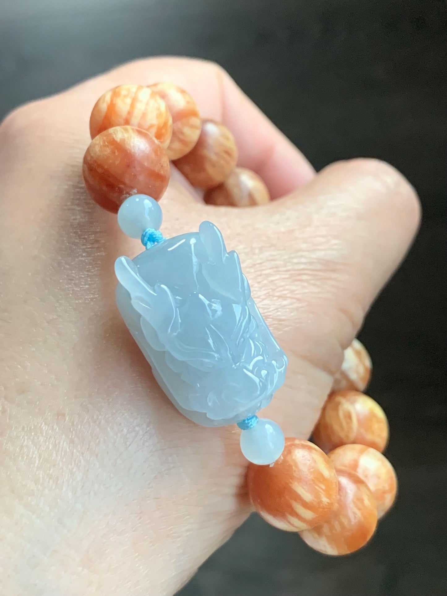 Natural Burmese Icy Translucent Gelatinous Light Blue Jadeite Dragon Head Fossilized Wood Beads Beaded Bracelet 12 mm 6.5” 天然缅甸冰淡蓝翡翠龙头琥珀木珠手串