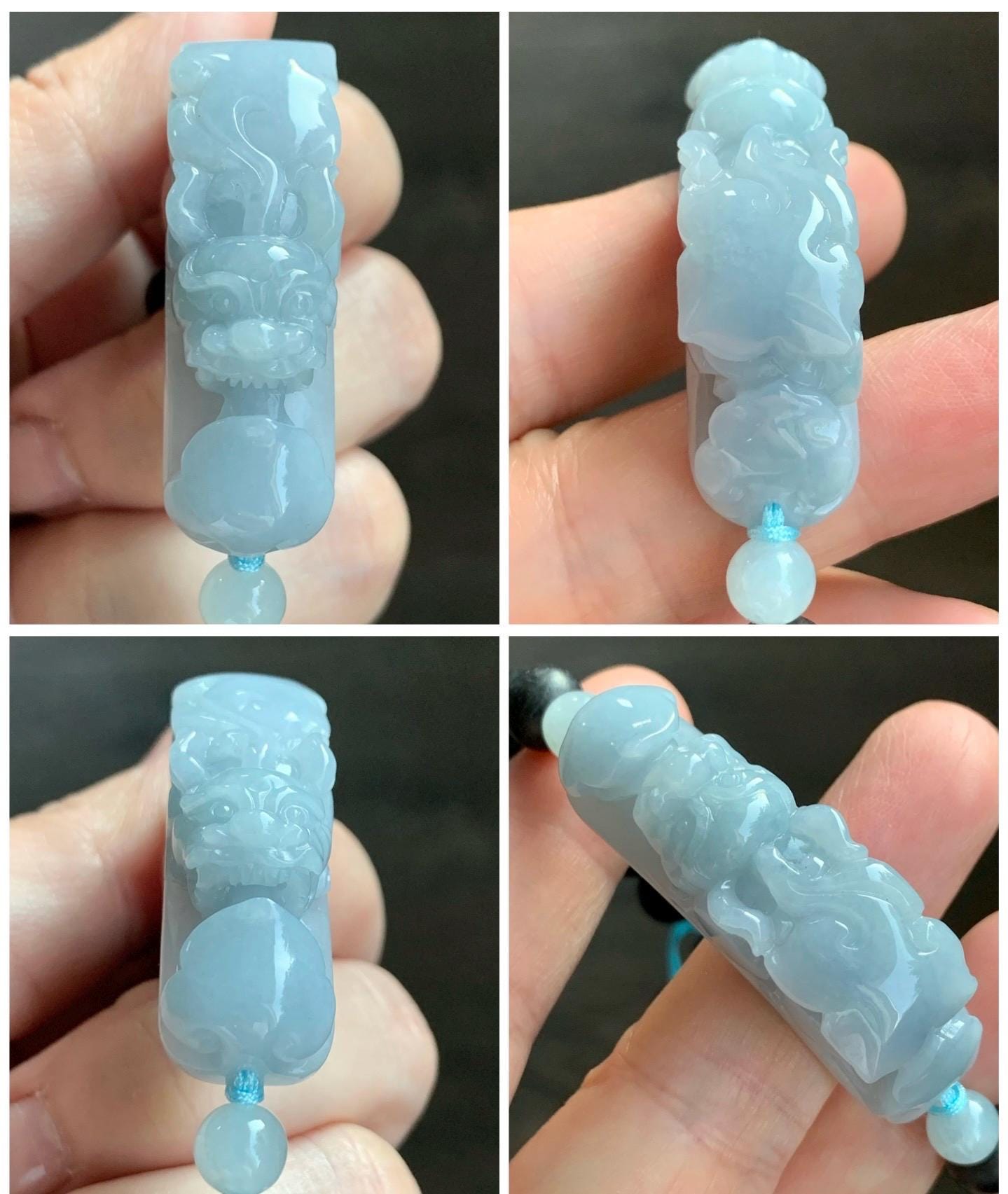 Natural Guatemalan Icy Translucent Light Blue Jadeite Carved Pixiu Ruyi Natural Wood Beads Beaded Bracelet 6.5” 25g 天然冰危淡蓝紫翡翠貔貅如意沉香木珠手串