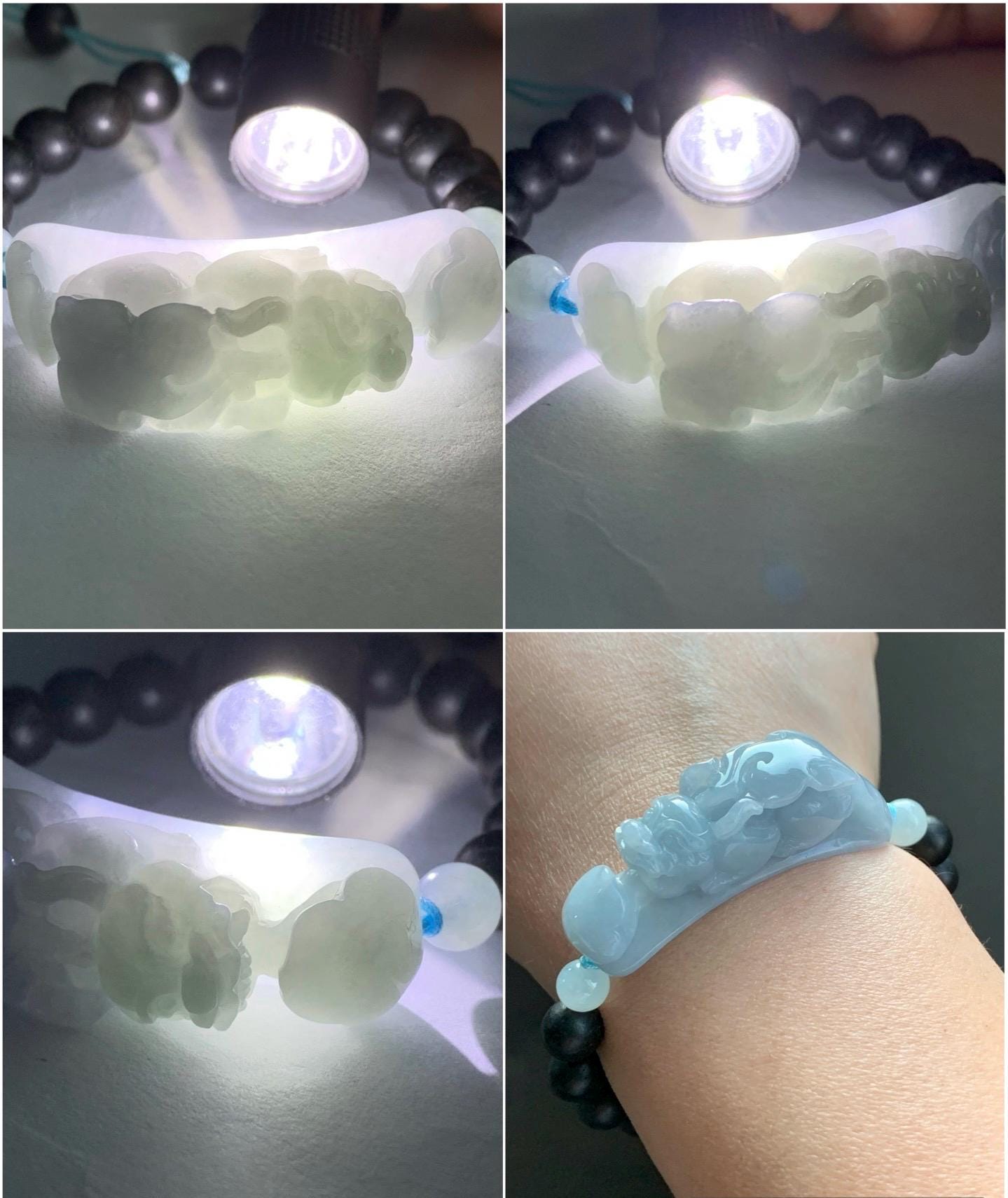 Natural Guatemalan Icy Translucent Light Blue Jadeite Carved Pixiu Ruyi Natural Wood Beads Beaded Bracelet 6.5” 25g 天然冰危淡蓝紫翡翠貔貅如意沉香木珠手串