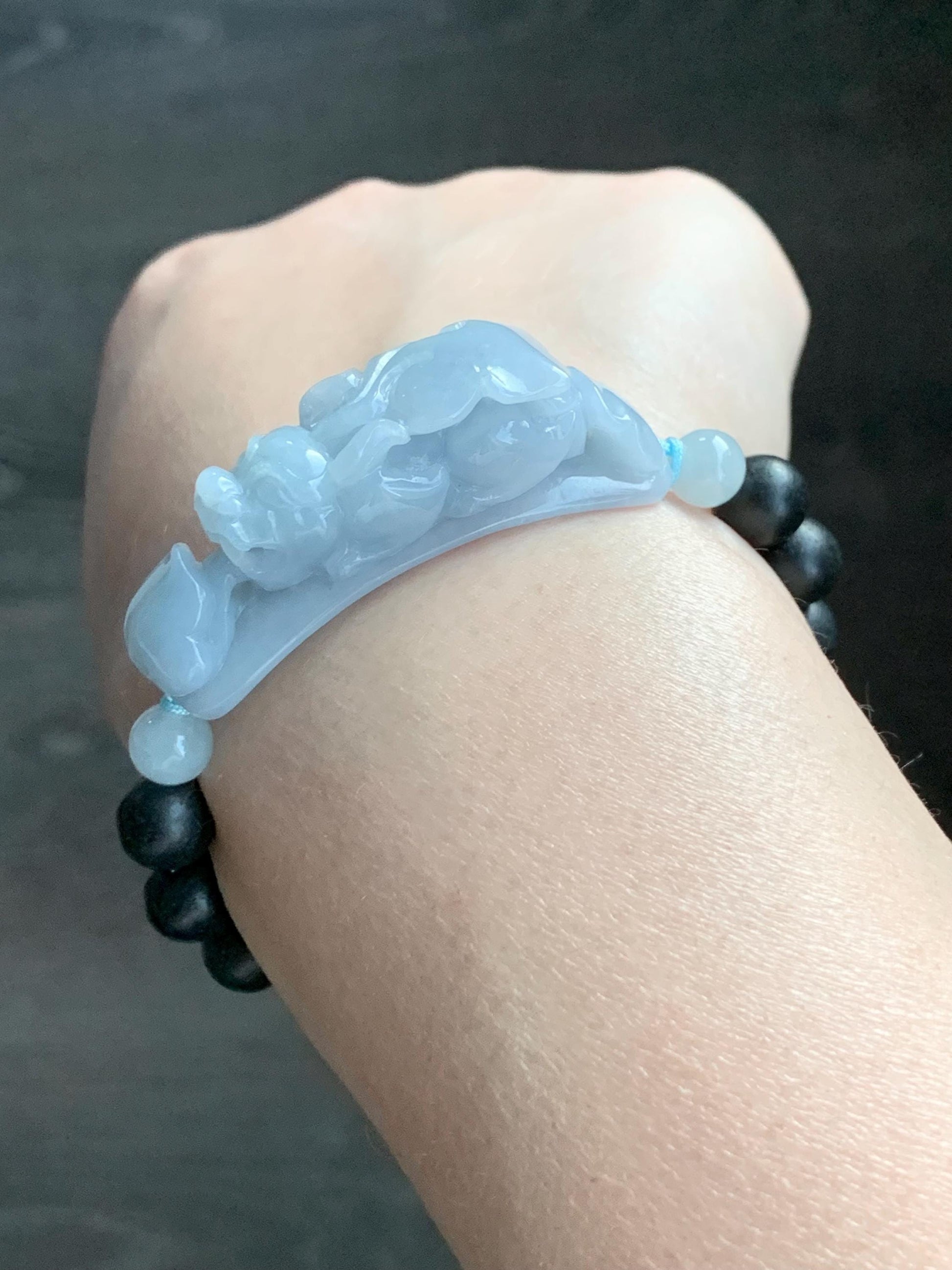 Natural Guatemalan Icy Translucent Light Blue Jadeite Carved Pixiu Ruyi Natural Wood Beads Beaded Bracelet 6.5” 25g 天然冰危淡蓝紫翡翠貔貅如意沉香木珠手串
