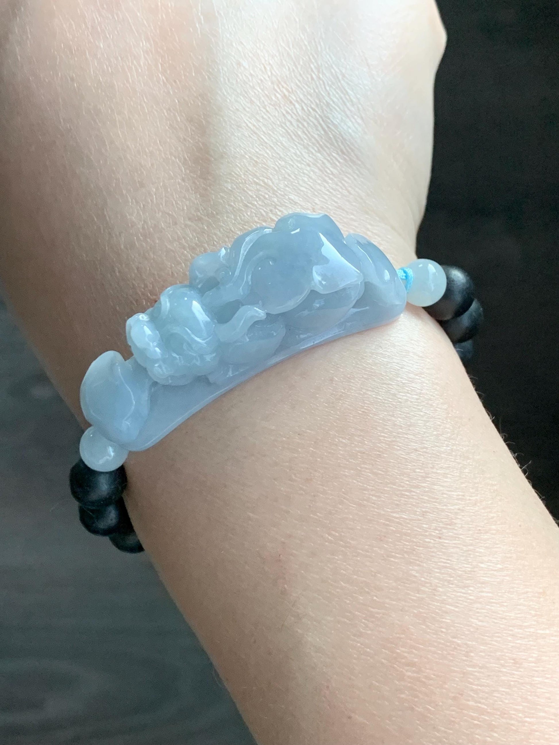 Natural Guatemalan Icy Translucent Light Blue Jadeite Carved Pixiu Ruyi Natural Wood Beads Beaded Bracelet 6.5” 25g 天然冰危淡蓝紫翡翠貔貅如意沉香木珠手串