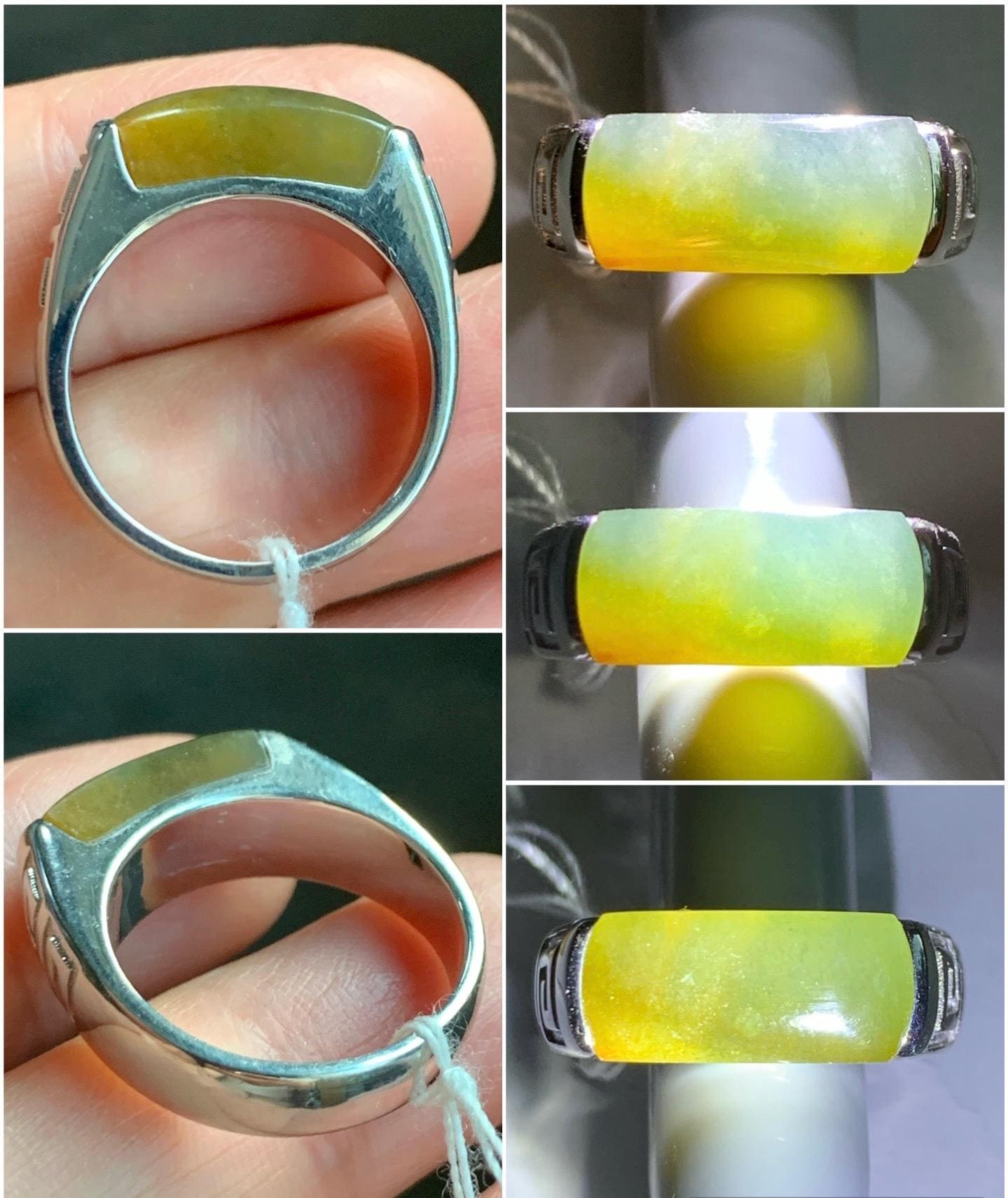 Certified Natural Guatemalan Dark Teal Blue & Yellow Marbled Jadeite Saddle Band Ring Size 7.25 Sterling Silver 8.48g 天然冰胶危蓝加黄翡翠马鞍银镶戒指 1462