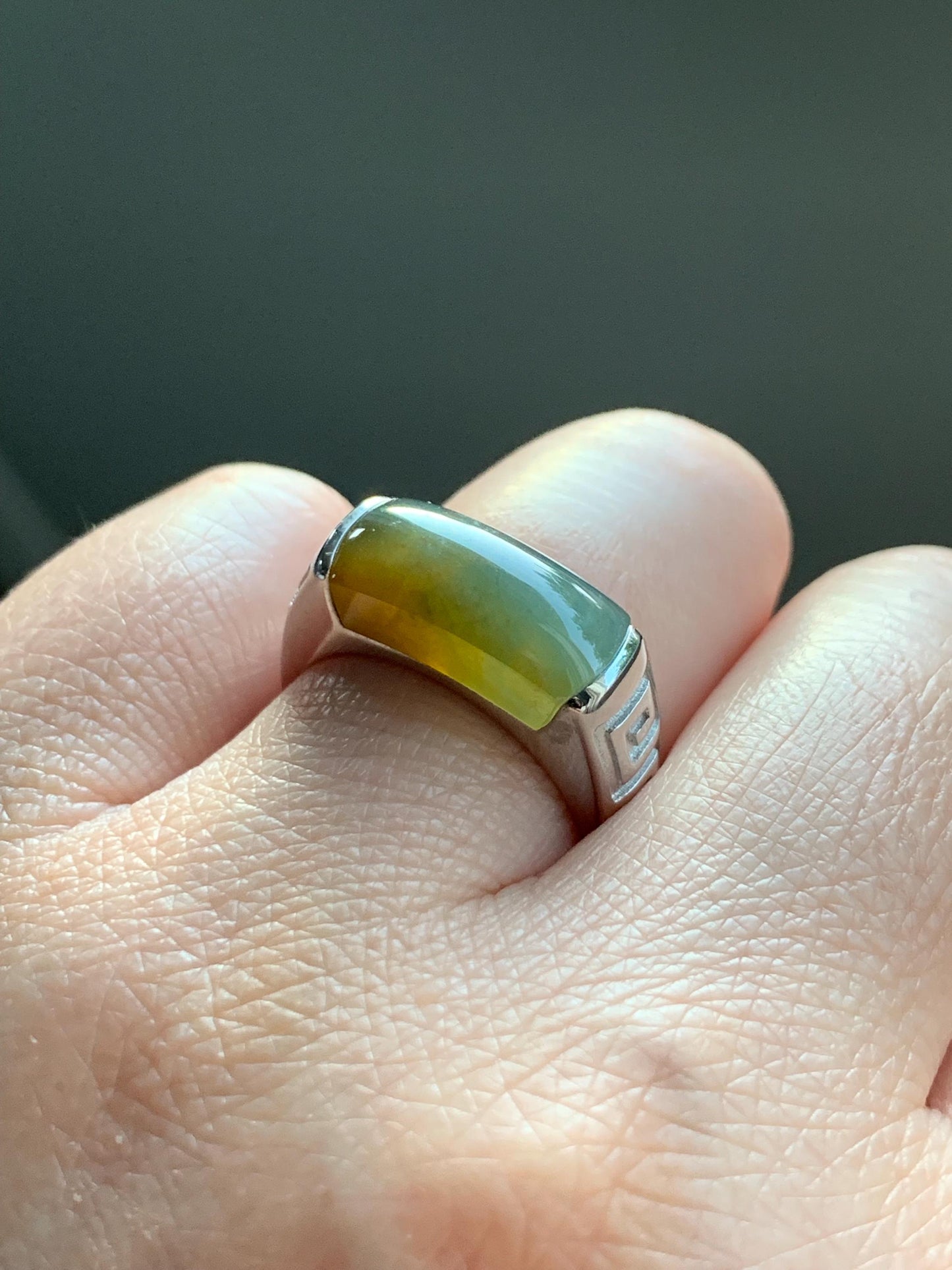 Certified Natural Guatemalan Dark Teal Blue & Yellow Marbled Jadeite Saddle Band Ring Size 7.25 Sterling Silver 8.48g 天然冰胶危蓝加黄翡翠马鞍银镶戒指 1462
