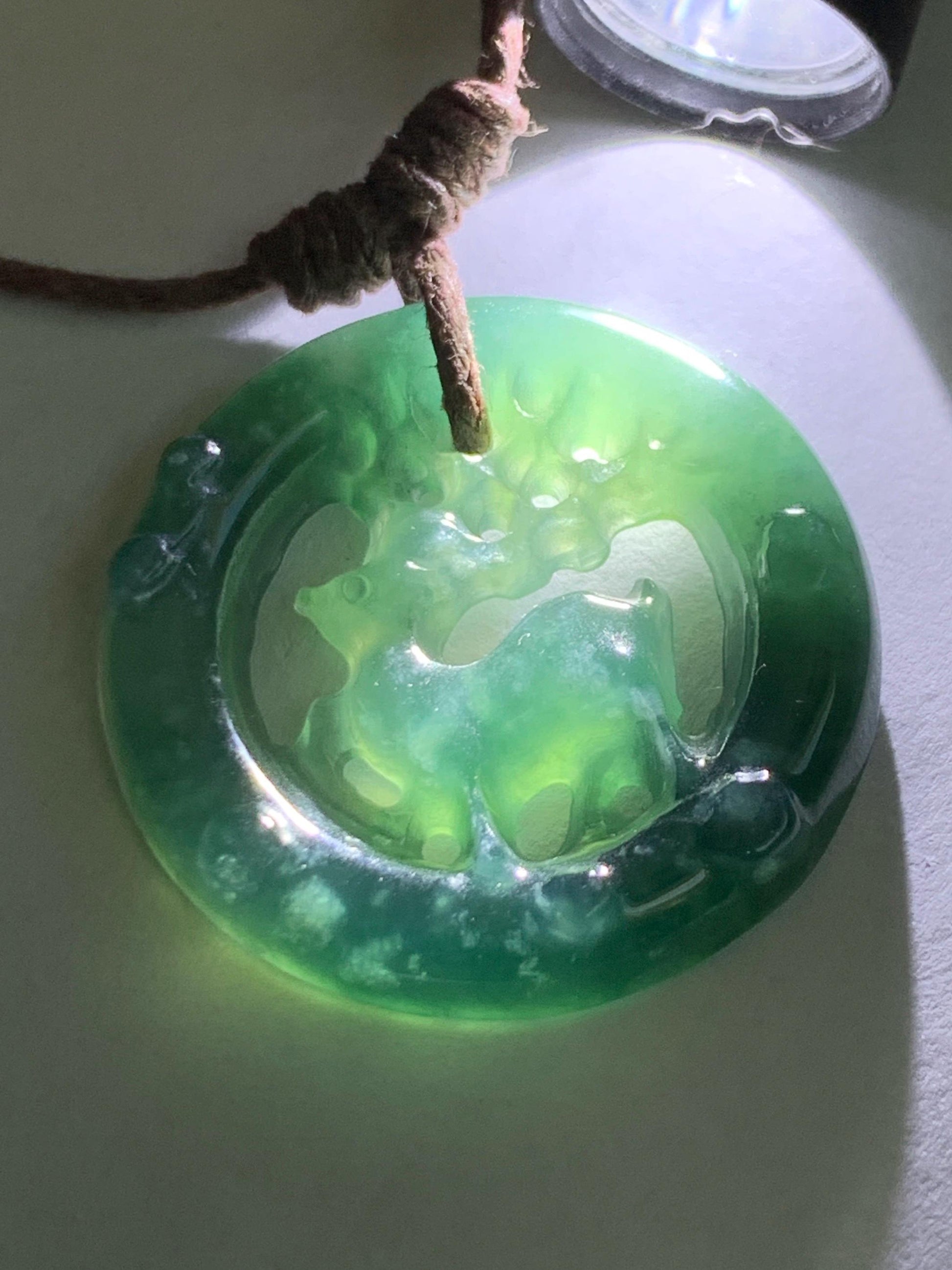 Natural Guatemalan Icy Highly Translucent Dark Teal Blue Jadeite Engraved Deer Pendant Rope Necklace Adjustable 25” 5g 天然危深蓝水飘花翡翠梅花鹿吊坠