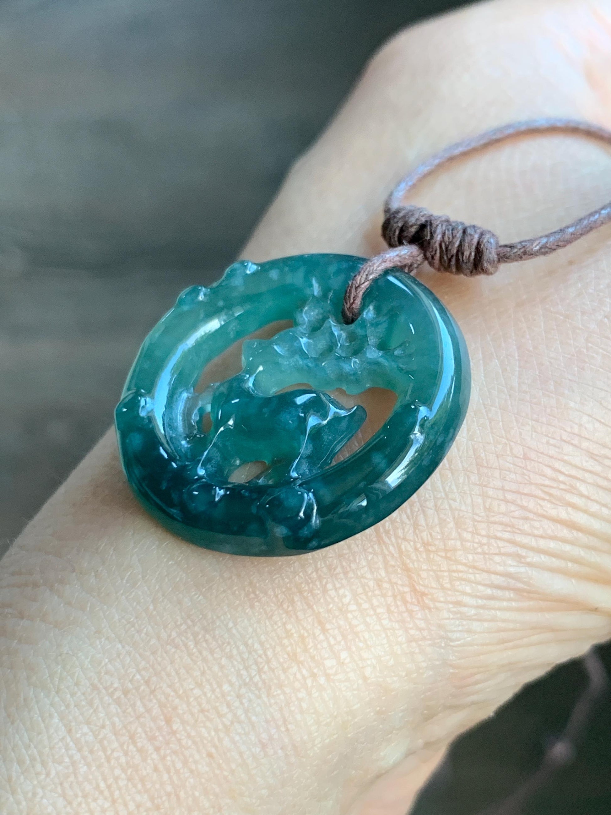 Natural Guatemalan Icy Highly Translucent Dark Teal Blue Jadeite Engraved Deer Pendant Rope Necklace Adjustable 25” 5g 天然危深蓝水飘花翡翠梅花鹿吊坠