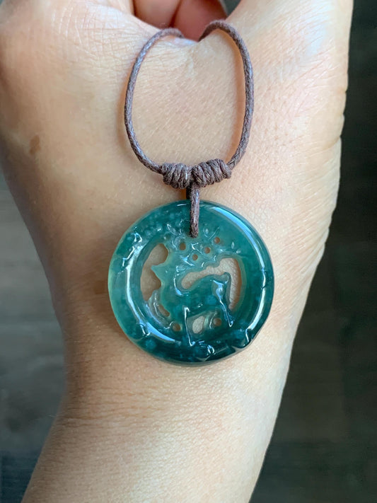 Natural Guatemalan Icy Highly Translucent Dark Teal Blue Jadeite Engraved Deer Pendant Rope Necklace Adjustable 25” 5g 天然危深蓝水飘花翡翠梅花鹿吊坠