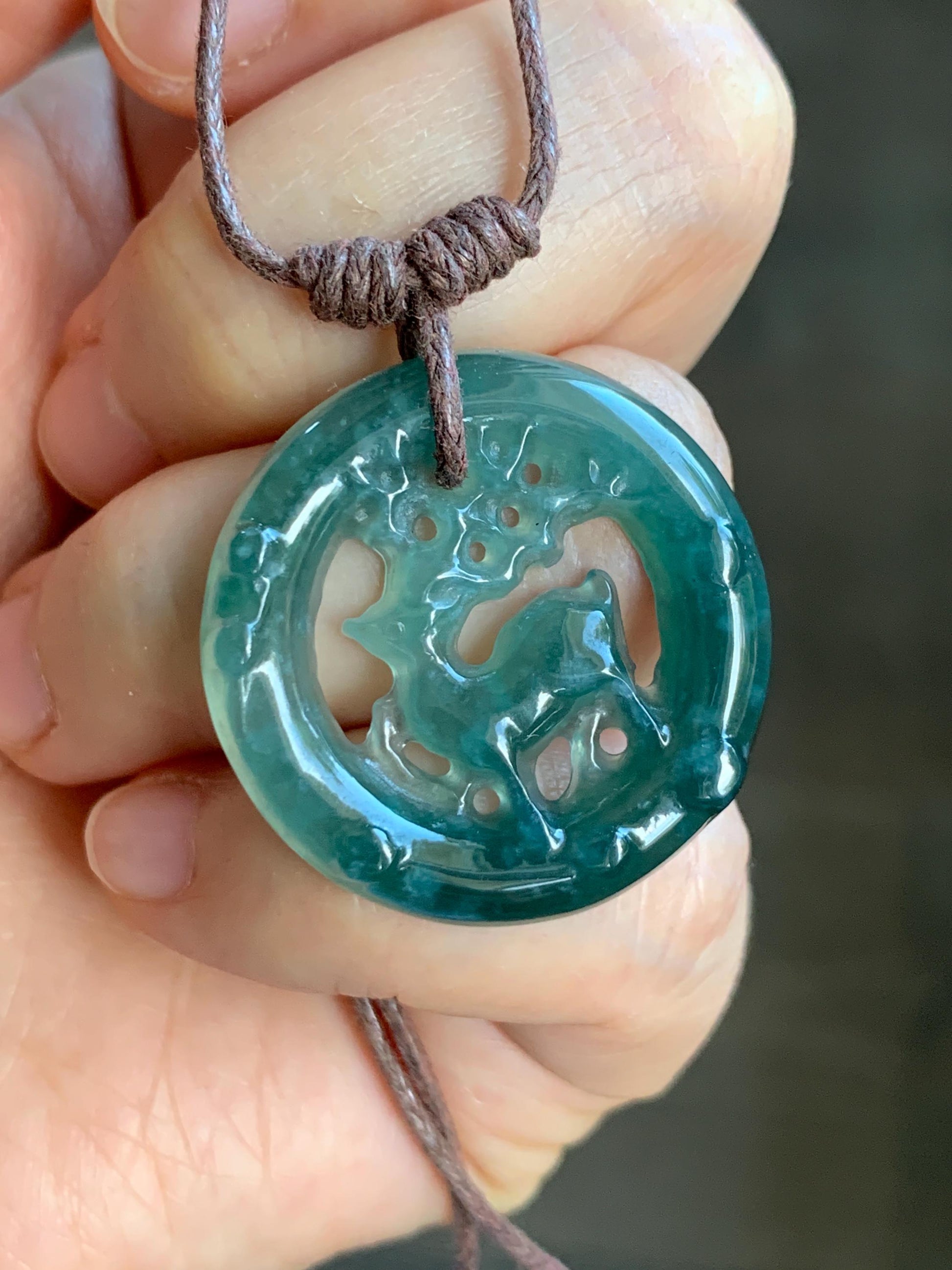 Natural Guatemalan Icy Highly Translucent Dark Teal Blue Jadeite Engraved Deer Pendant Rope Necklace Adjustable 25” 5g 天然危深蓝水飘花翡翠梅花鹿吊坠