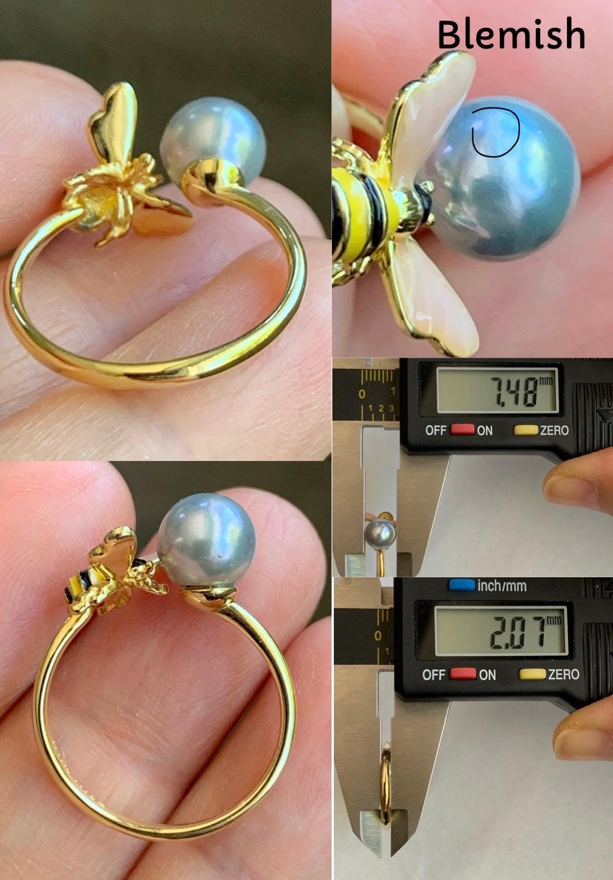 Natural Genuine Saltwater Silver Gray Pearl Round 925 Sterling Silver Ring Yellow Gold Overlay Adjustable 7.4mm 天然海水奶奶灰圆珍珠银托戒指 NNH512-4C