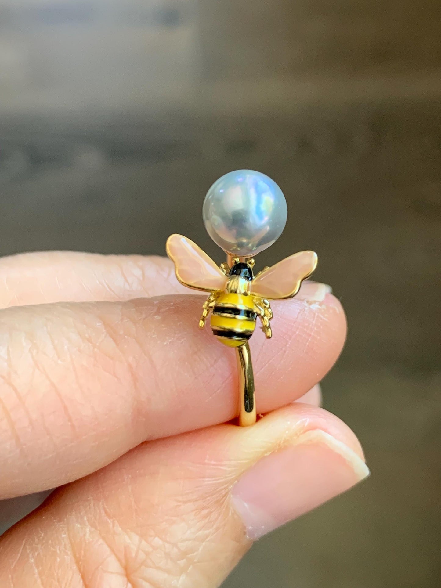 Natural Genuine Saltwater Silver Gray Pearl Round 925 Sterling Silver Ring Yellow Gold Overlay Adjustable 7.4mm 天然海水奶奶灰圆珍珠银托戒指 NNH512-4C