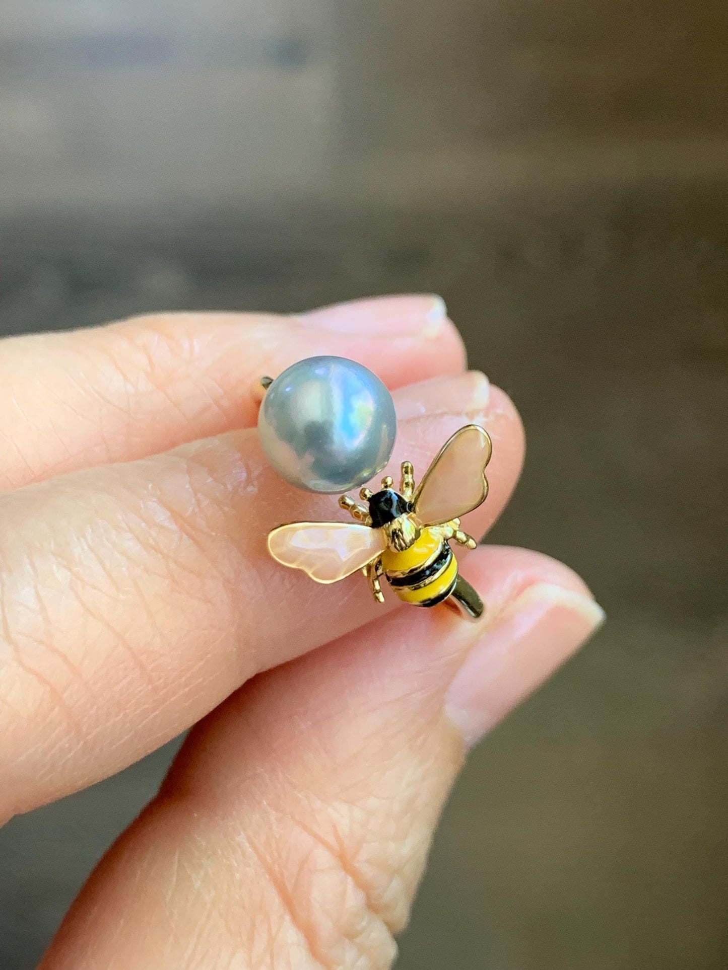 Natural Genuine Saltwater Silver Gray Pearl Round 925 Sterling Silver Ring Yellow Gold Overlay Adjustable 7.4mm 天然海水奶奶灰圆珍珠银托戒指 NNH512-4C