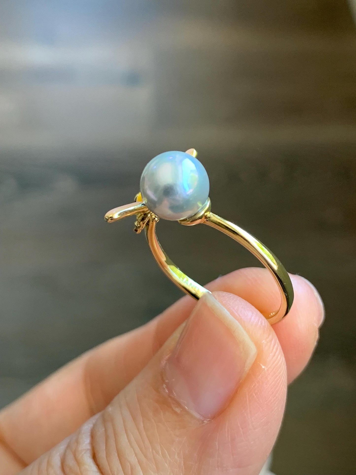 Natural Genuine Saltwater Silver Gray Pearl Round 925 Sterling Silver Ring Yellow Gold Overlay Adjustable 7.4mm 天然海水奶奶灰圆珍珠银托戒指 NNH512-4C
