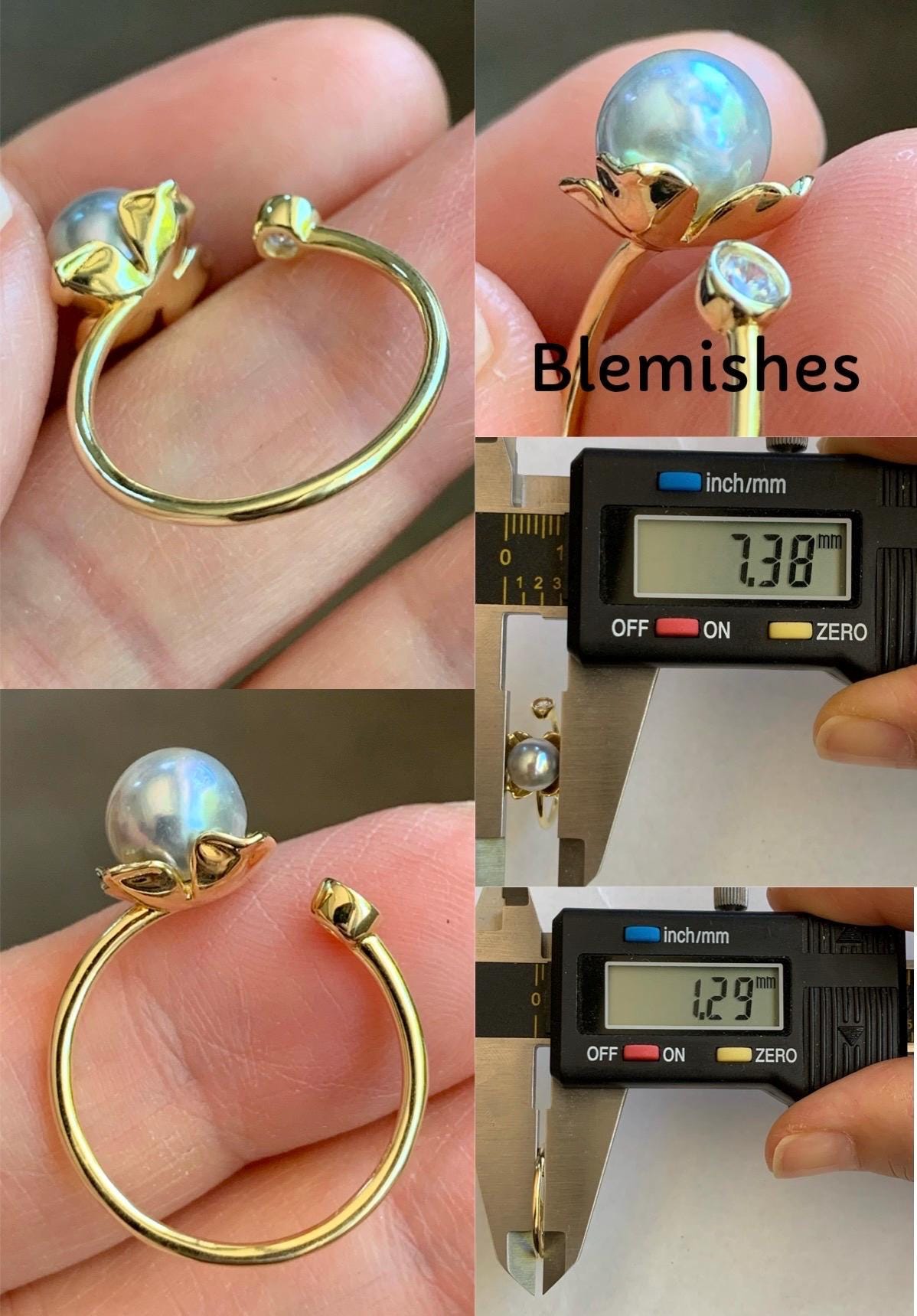 Natural Genuine Saltwater Silver Gray Pearl Round 925 Sterling Silver Ring Yellow Gold Overlay Adjustable 7.3mm 天然海水奶奶灰圆珍珠银托戒指 NNH512-4B