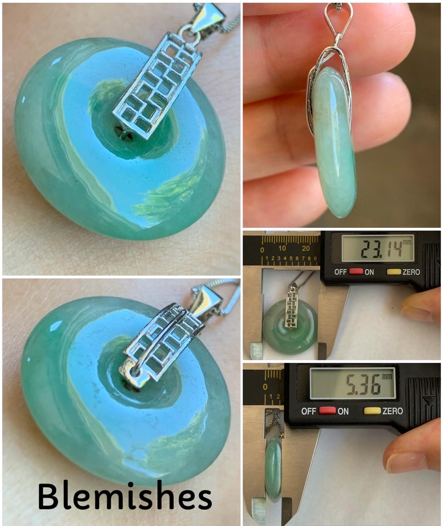 Natural Burmese Icy Translucent Bright Green Marbled Jadeite Ping An Kou Donut Pendant S925 Sterling Silver 天然缅甸绿飘花翡翠平安扣吊坠 B