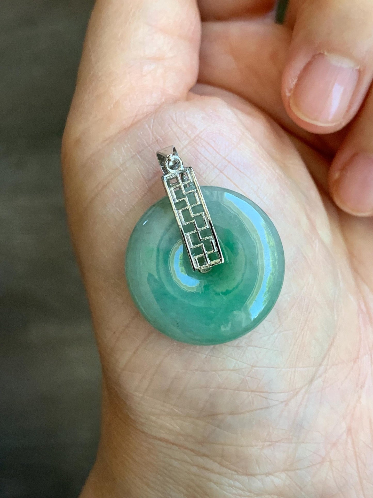 Natural Burmese Icy Translucent Bright Green Marbled Jadeite Ping An Kou Donut Pendant S925 Sterling Silver 天然缅甸绿飘花翡翠平安扣吊坠 B