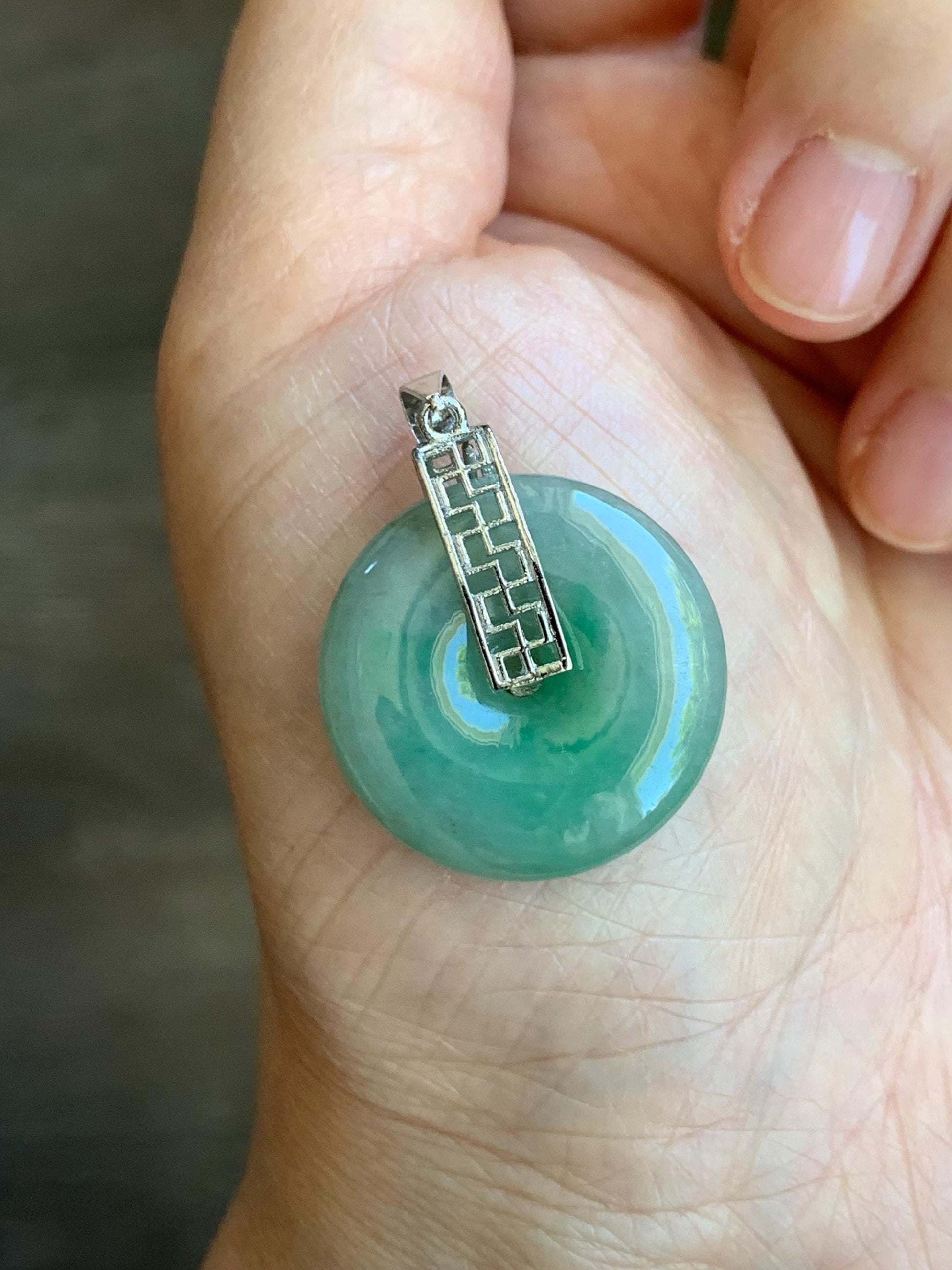 Natural Burmese Icy Translucent Bright Green Marbled Jadeite Ping An Kou Donut Pendant S925 Sterling Silver 天然缅甸绿飘花翡翠平安扣吊坠 B