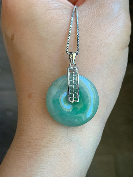 Natural Burmese Icy Translucent Bright Green Marbled Jadeite Ping An Kou Donut Pendant S925 Sterling Silver 天然缅甸绿飘花翡翠平安扣吊坠 B