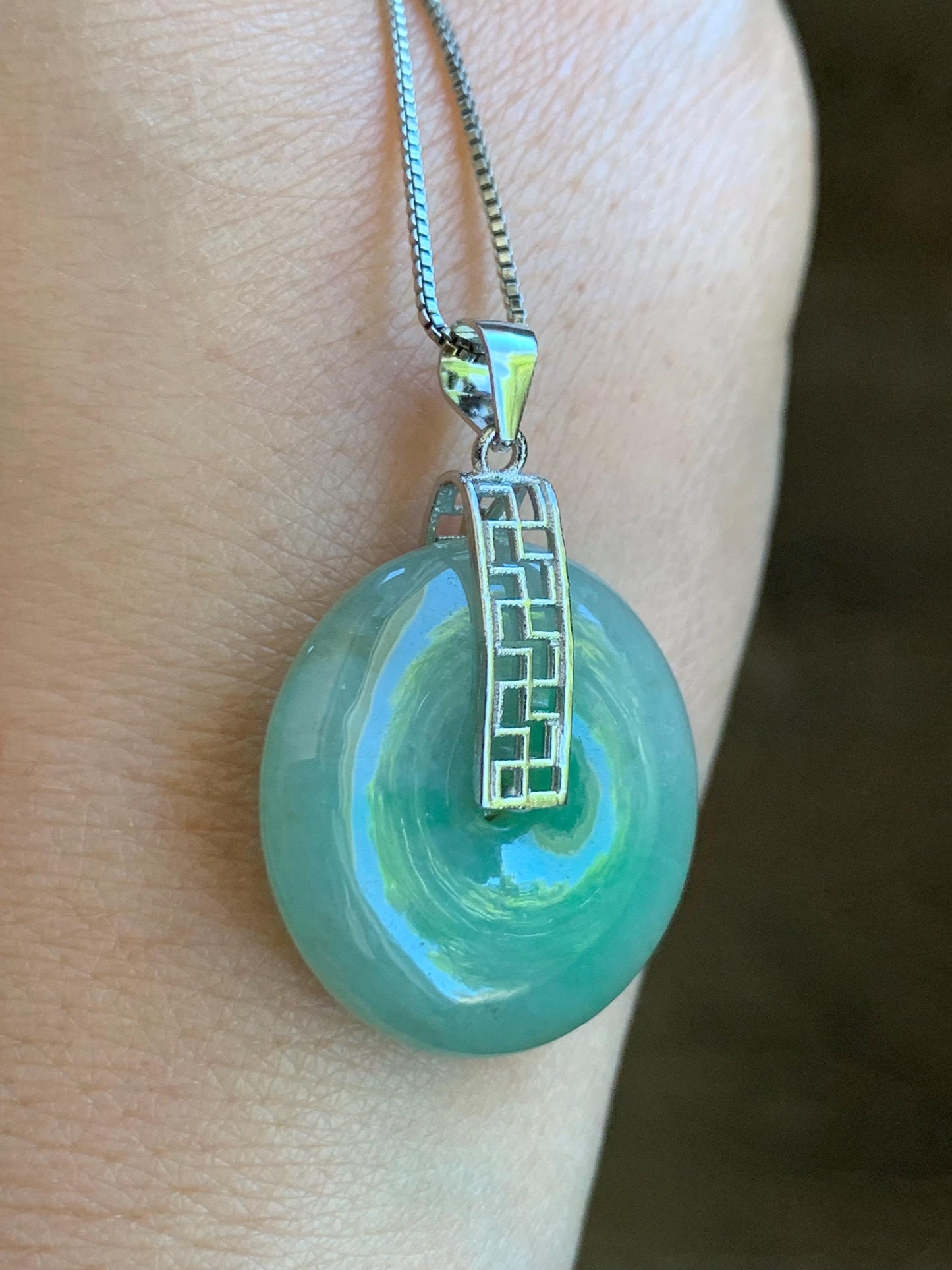 Natural Burmese Icy Translucent Bright Green Marbled Jadeite Ping An Kou Donut Pendant S925 Sterling Silver 天然缅甸绿飘花翡翠平安扣吊坠 B
