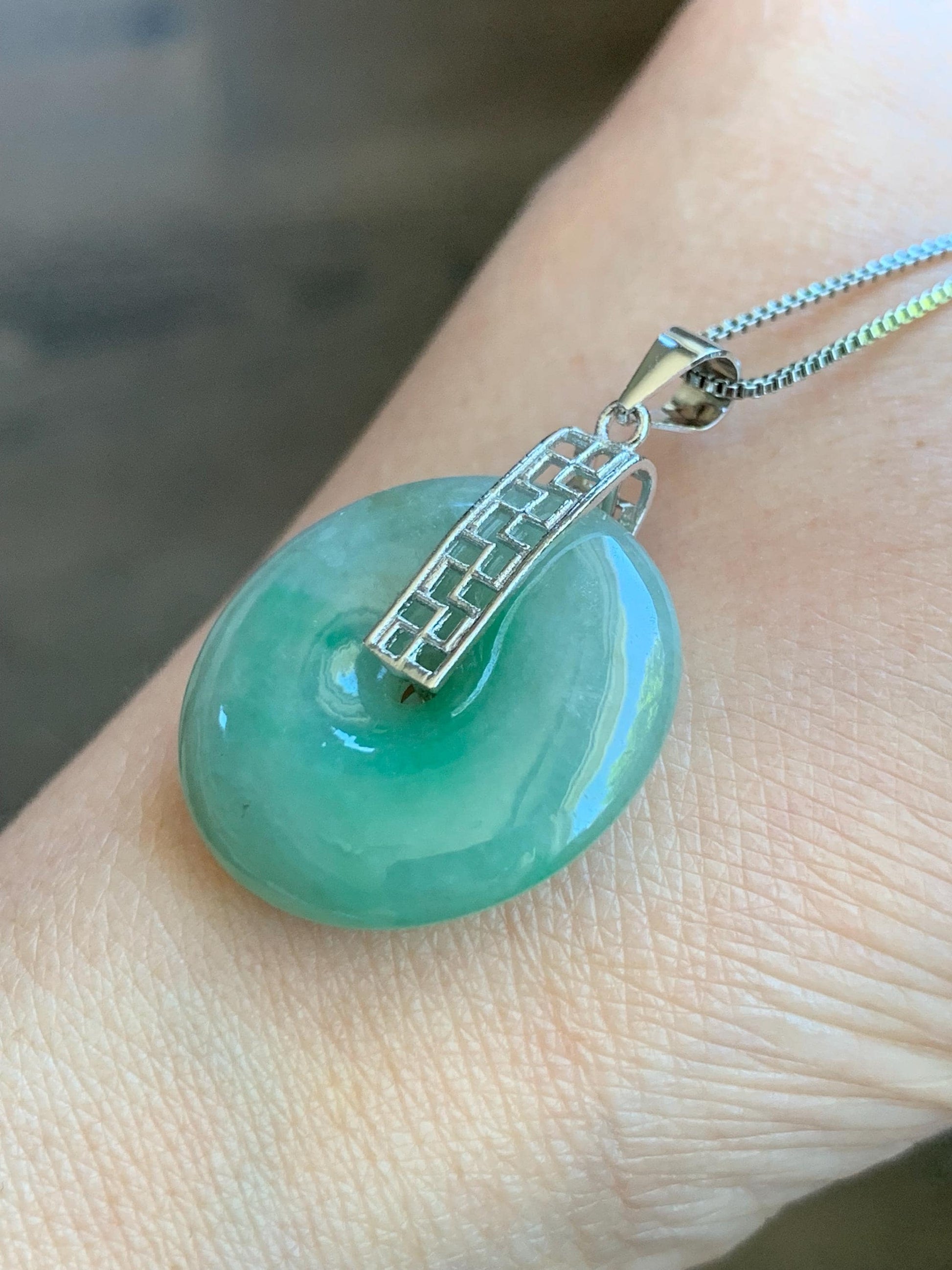 Natural Burmese Icy Translucent Bright Green Marbled Jadeite Ping An Kou Donut Pendant S925 Sterling Silver 天然缅甸绿飘花翡翠平安扣吊坠 B