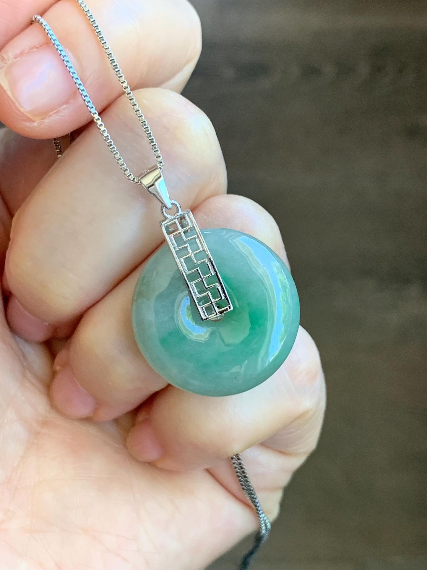 Natural Burmese Icy Translucent Bright Green Marbled Jadeite Ping An Kou Donut Pendant S925 Sterling Silver 天然缅甸绿飘花翡翠平安扣吊坠 B