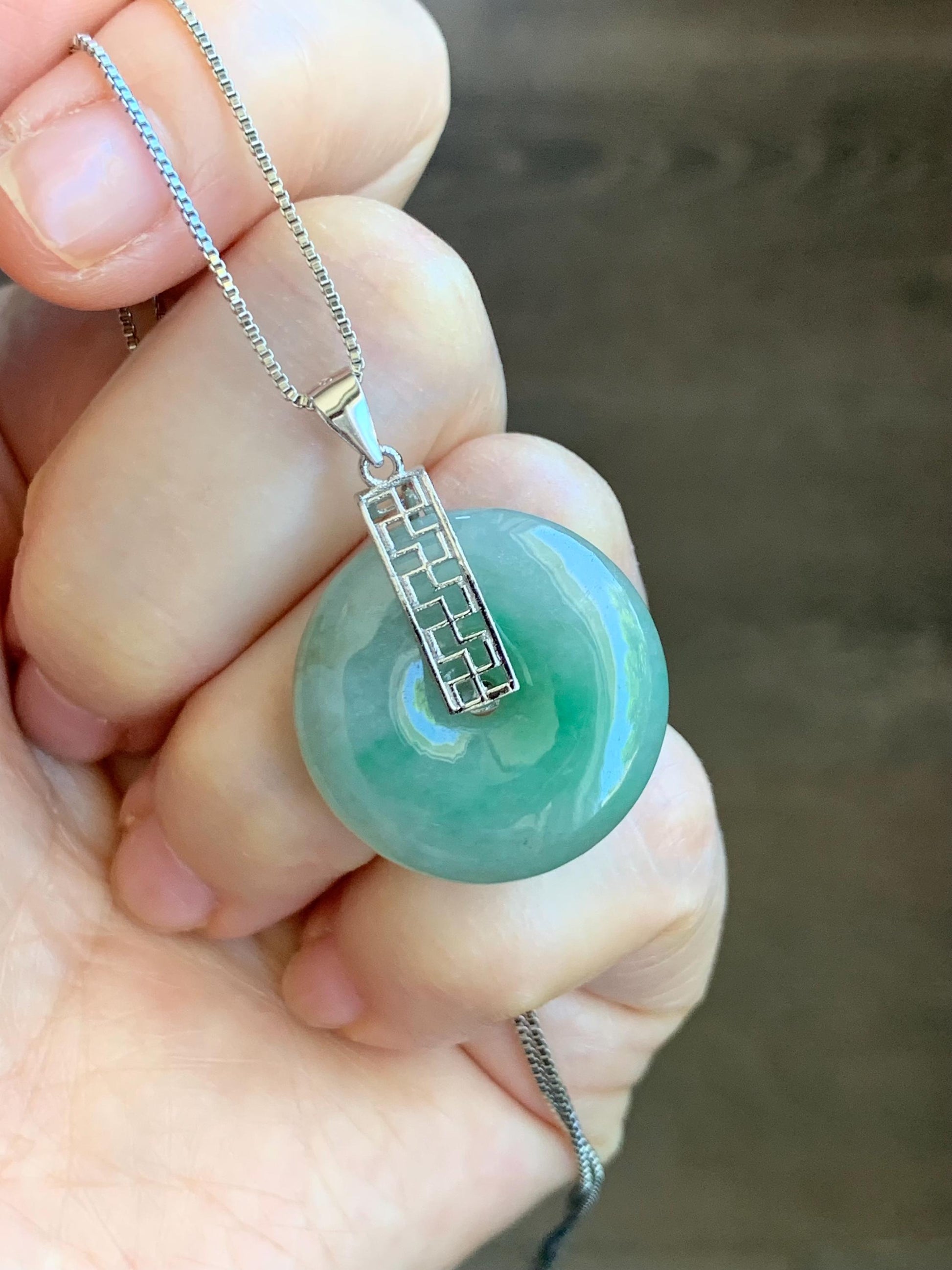 Natural Burmese Icy Translucent Bright Green Marbled Jadeite Ping An Kou Donut Pendant S925 Sterling Silver 天然缅甸绿飘花翡翠平安扣吊坠 B