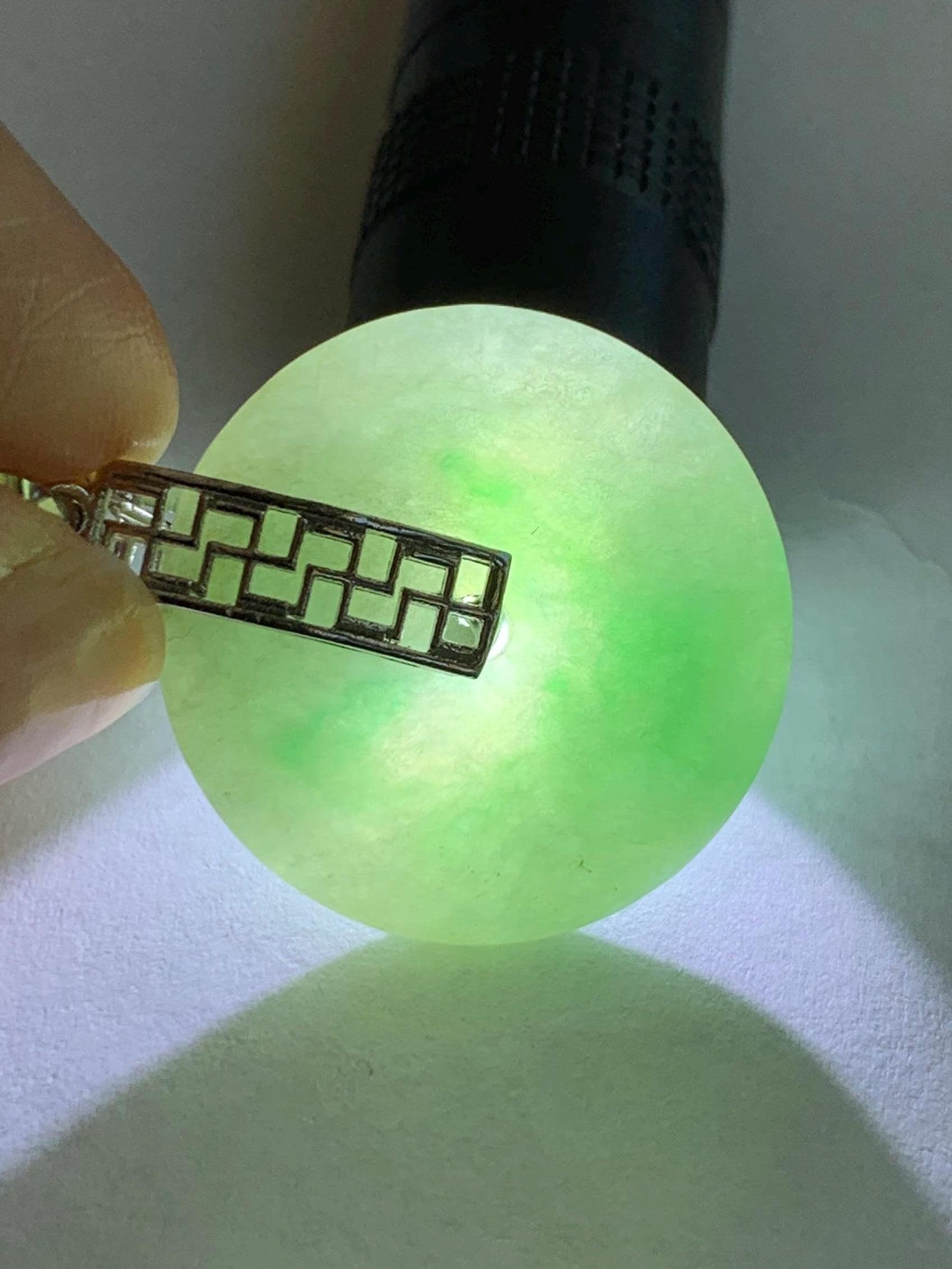 Natural Burmese Icy Translucent Bright Green Marbled Jadeite Ping An Kou Donut Pendant S925 Sterling Silver 天然缅甸绿飘花翡翠平安扣吊坠 B