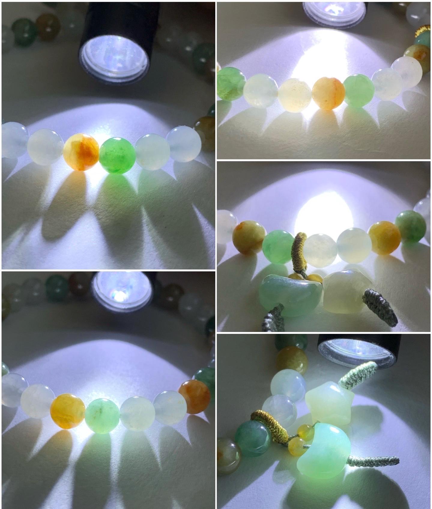 Natural Burmese Icy Translucent Multi-Colored Jadeite Petite Beads Beaded Bracelet Rabbit Charm Stretchy 6.7mm 7” 16g 天然缅甸冰多宝翡翠星星月亮手串
