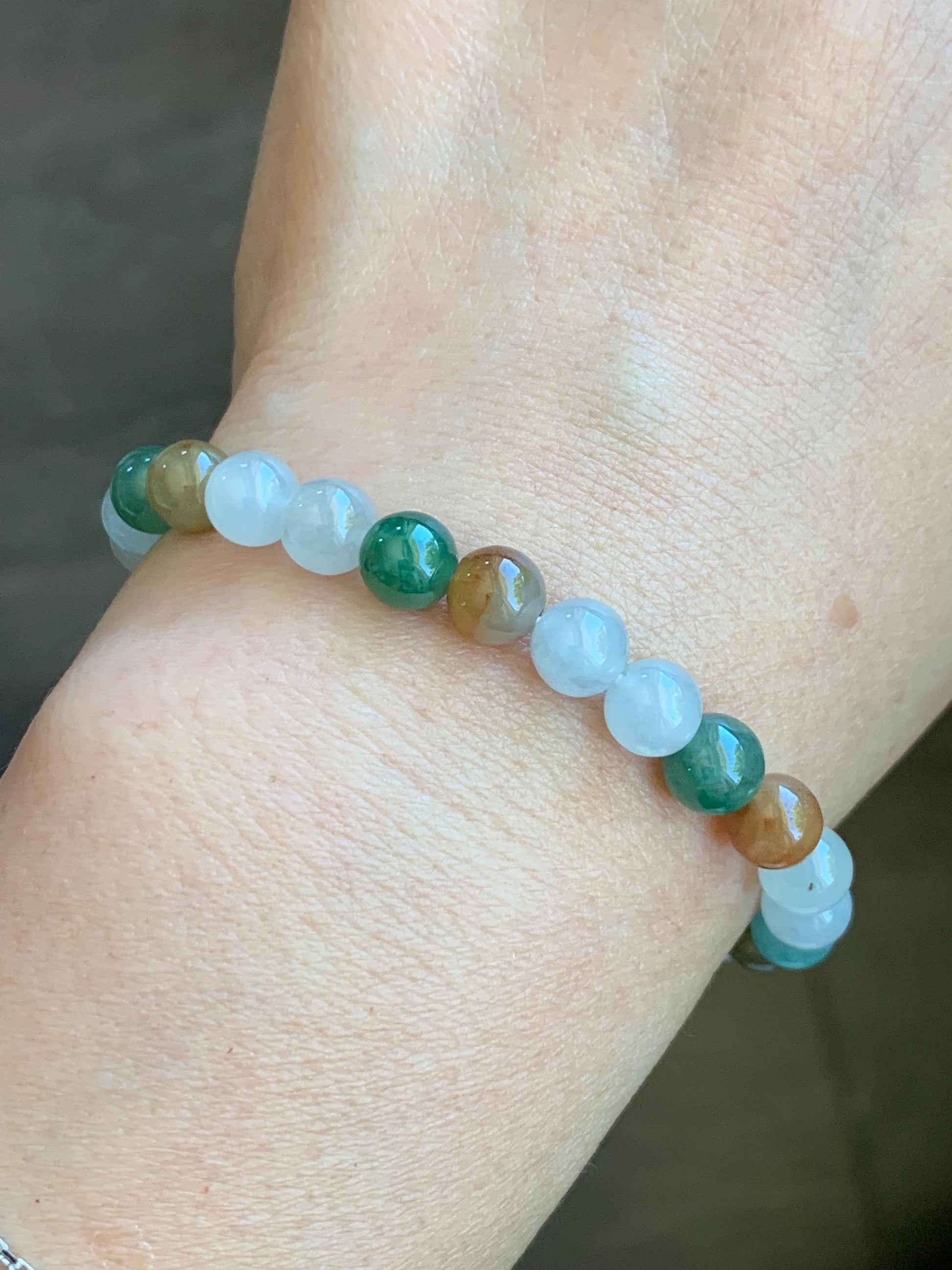 Natural Burmese Icy Translucent Multi-Colored Jadeite Petite Beads Beaded Bracelet Rabbit Charm Stretchy 6.7mm 7” 16g 天然缅甸冰多宝翡翠星星月亮手串