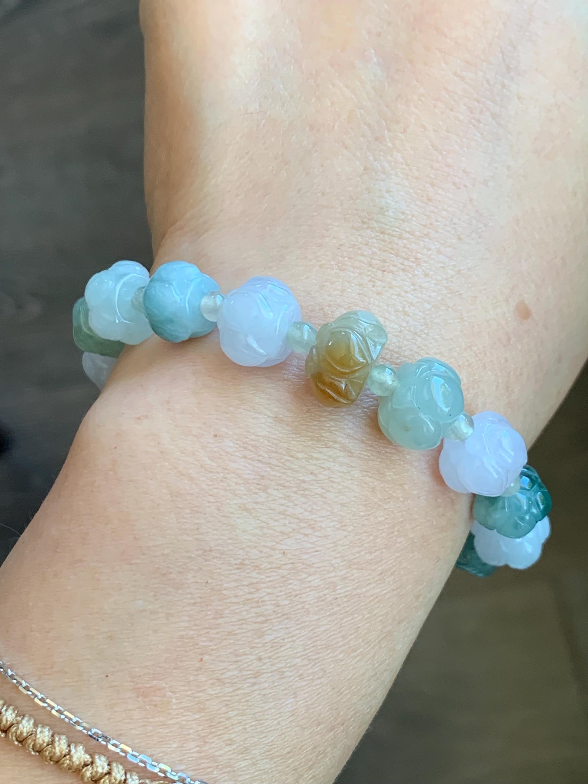 Natural Burmese Icy Translucent Gelatinous Multicolored Jadeite Carved Lotus Flower Beads Beaded Bracelet 7” 25g 天然缅甸冰胶多宝翡翠莲花珠手串 LHZDW