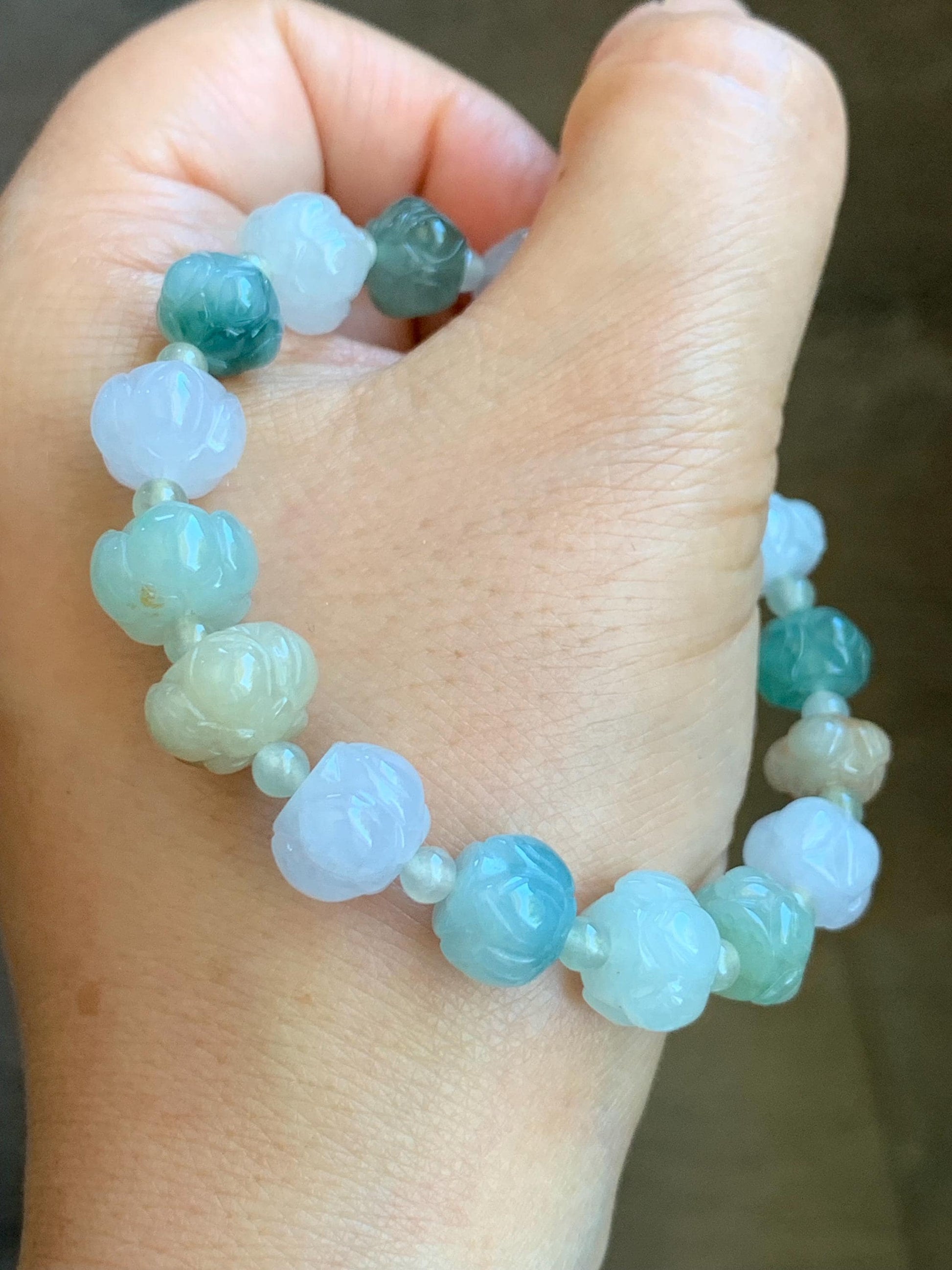 Natural Burmese Icy Translucent Gelatinous Multicolored Jadeite Carved Lotus Flower Beads Beaded Bracelet 7” 25g 天然缅甸冰胶多宝翡翠莲花珠手串 LHZDW