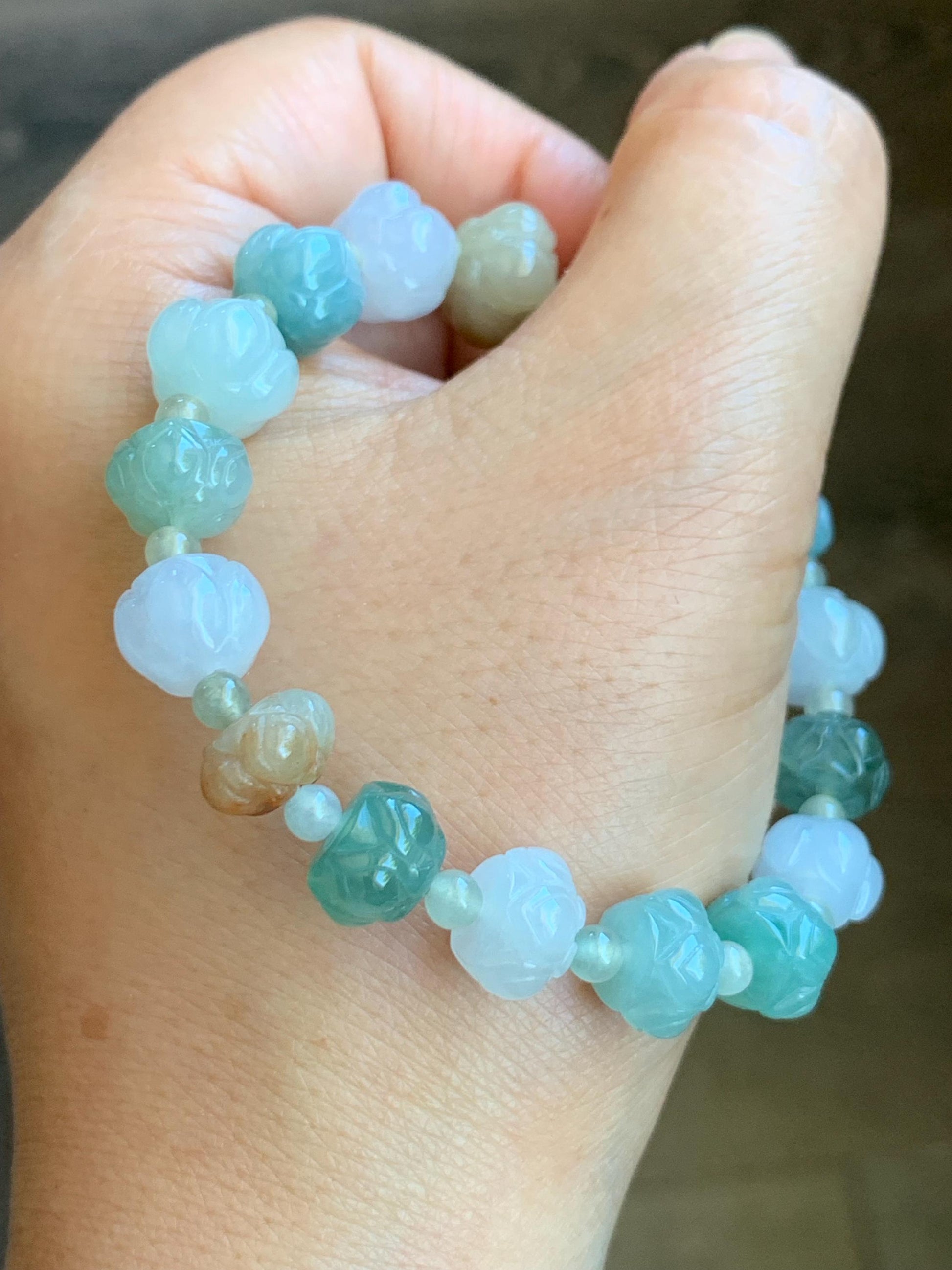 Natural Burmese Icy Translucent Gelatinous Multicolored Jadeite Carved Lotus Flower Beads Beaded Bracelet 7” 25g 天然缅甸冰胶多宝翡翠莲花珠手串 LHZDW