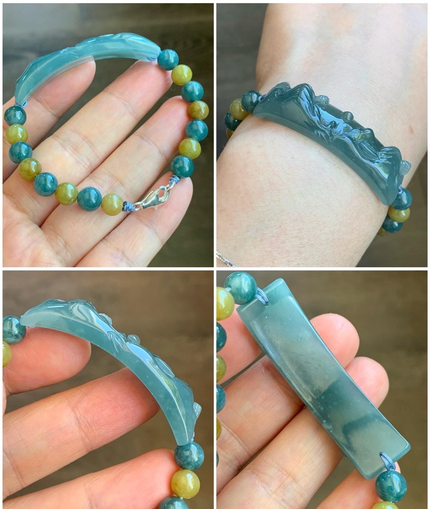 Natural Guatemalan Icy Translucent Dusty Teal Blue Jadeite Shan Shui Cuff Blue & Yellow Jadeite Beads Beaded Bracelet 6.5” 19g 天然冰危蓝翡翠山水牌手串